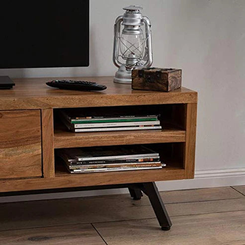 Gfine Solid Acacia Wood TV Stand with 2 Drawers - 160x40x60Cm Modern Entertainment Center for Living Room & Home Theater