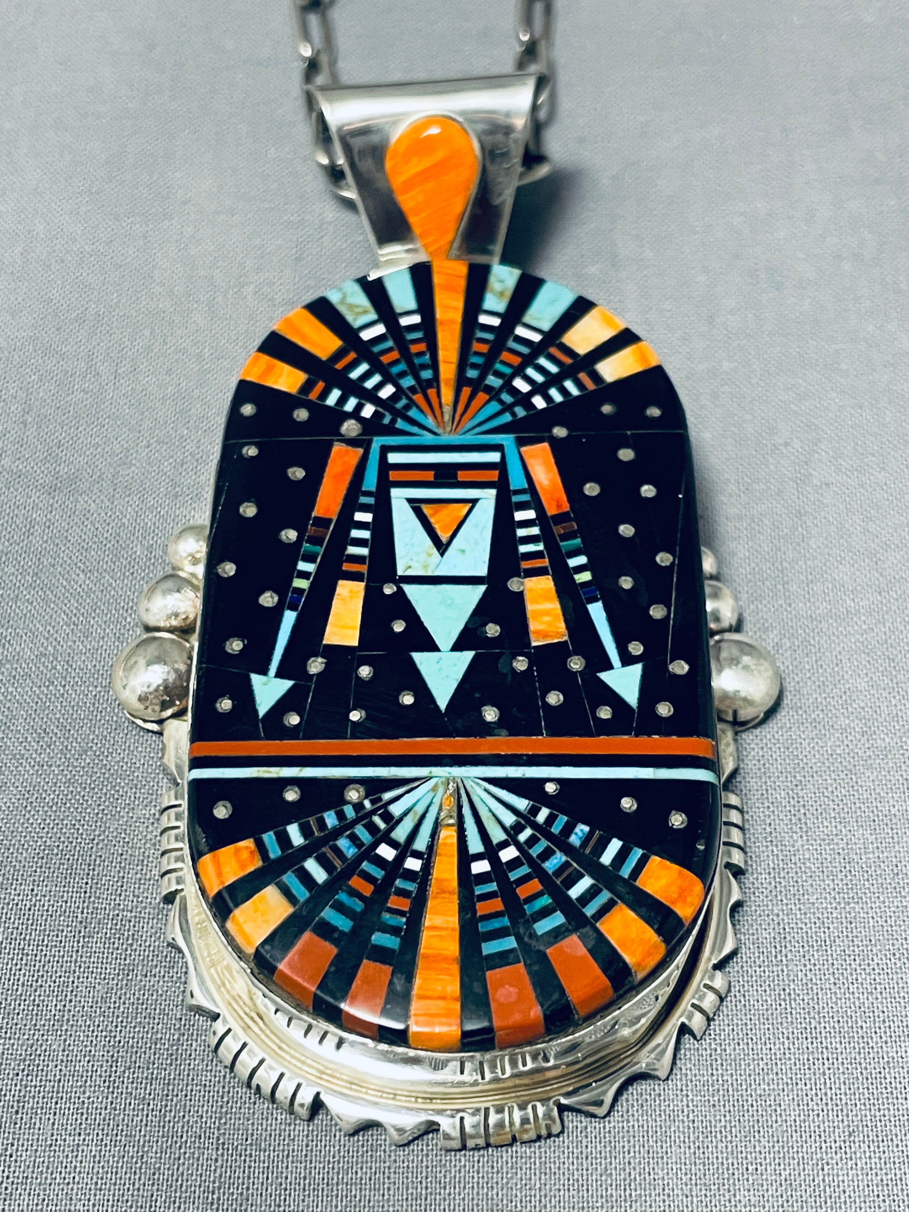 4 Inch Long Rare Huge Native American Navajo Turquoise Kachina Sterling Silver Necklace - Handmade Southwest Jewelry for Women, Spiritual Gift & Boho Fashion Accessory (Perfect for Festivals, Ceremonies & Everyday Wear)
