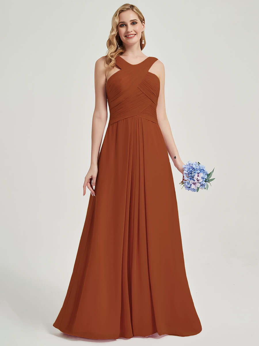 Elegant Burnt Orange Cross Neck A-Line Floor Length Chiffon Bridesmaid Dress for Weddings, Formal Events & Special Occasions