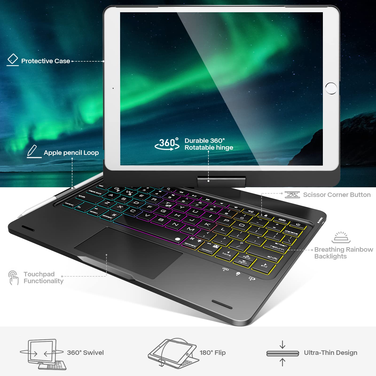 NOKBABO iPad 9th Generation Case with Keyboard - 360° Rotatable Touchpad, 7-Color Backlight & Pencil Holder for iPad 9th/8th/7th Gen 10.2