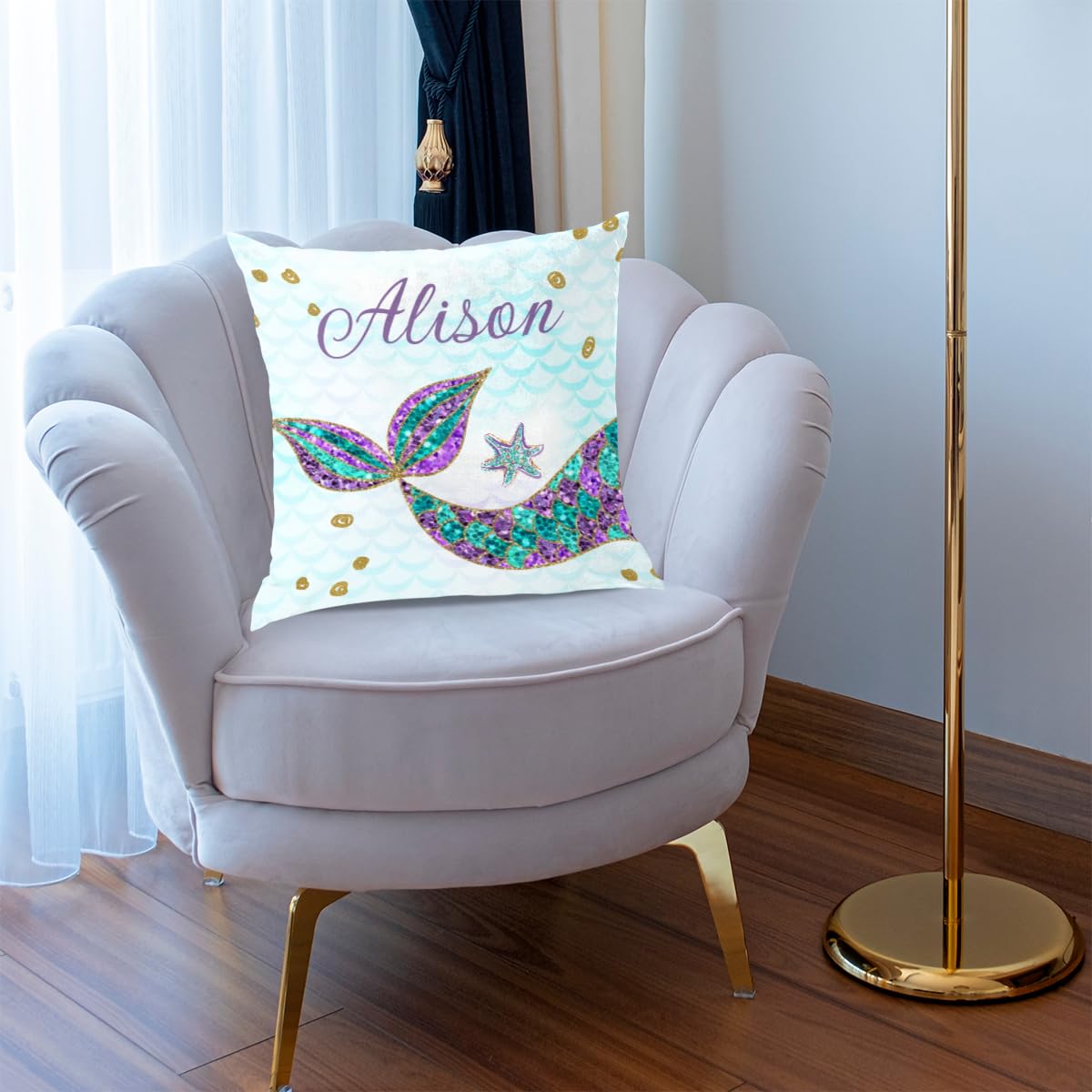 Custom Personalized Baby Name Nursery Throw Pillow Cover - Unique Gift for Baby Boy or Girl - Mermaid Glitter Design - Soft Couch Cushion for Nursery, Living Room & Home Decor | Perfect for Birthdays, Showers & Nursery Themes