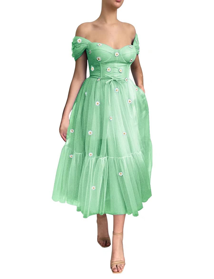 Off Shoulder Tulle Prom Dress Tea Length Ball Gown with Pockets | Sweetheart Neckline Formal Evening Dress for Homecoming, Wedding, Party | Elegant & Comfortable Women's Gown