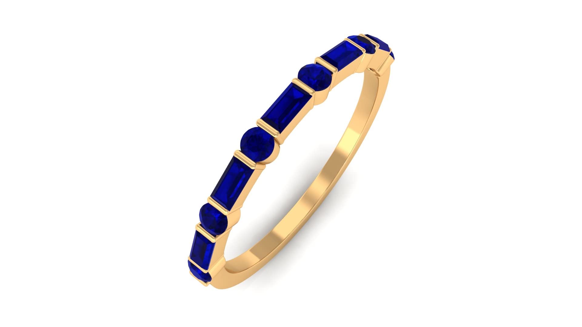14K Solid Gold Blue Sapphire Half Eternity Ring - Baguette & Round Cut Lab-Created Sapphire Bar Set Wedding Band | Perfect for Engagement, Anniversary Gifts & Bridal Jewelry
