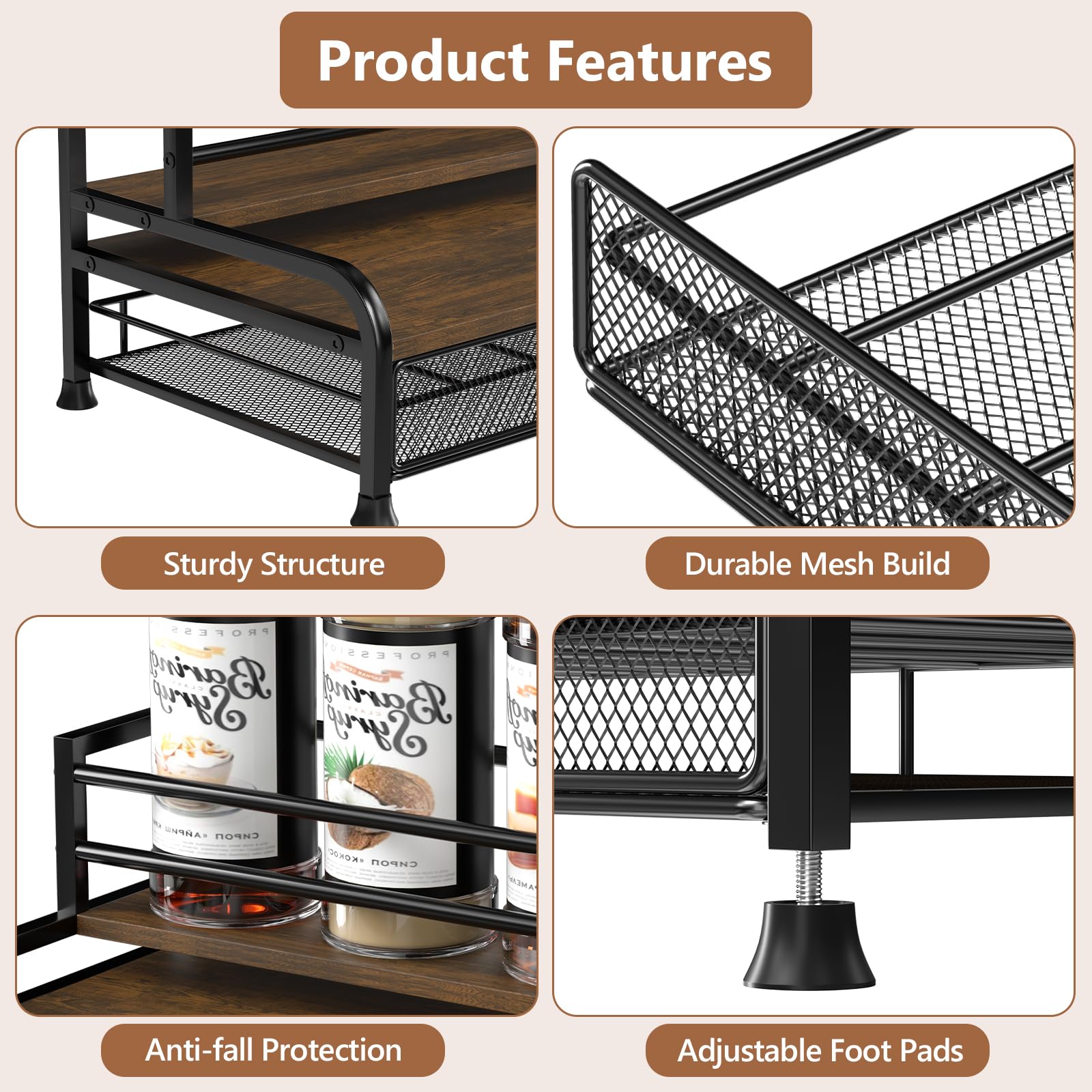 3-Tier Coffee Syrup Rack Organizer - Holds 8 Bottles & 35 K-Cups | Space-Saving Storage for Coffee Bars, Kitchens & Home Cafes | Perfect for Syrups, Wine Bottles, Salad Dressings & Coffee Pod Organization