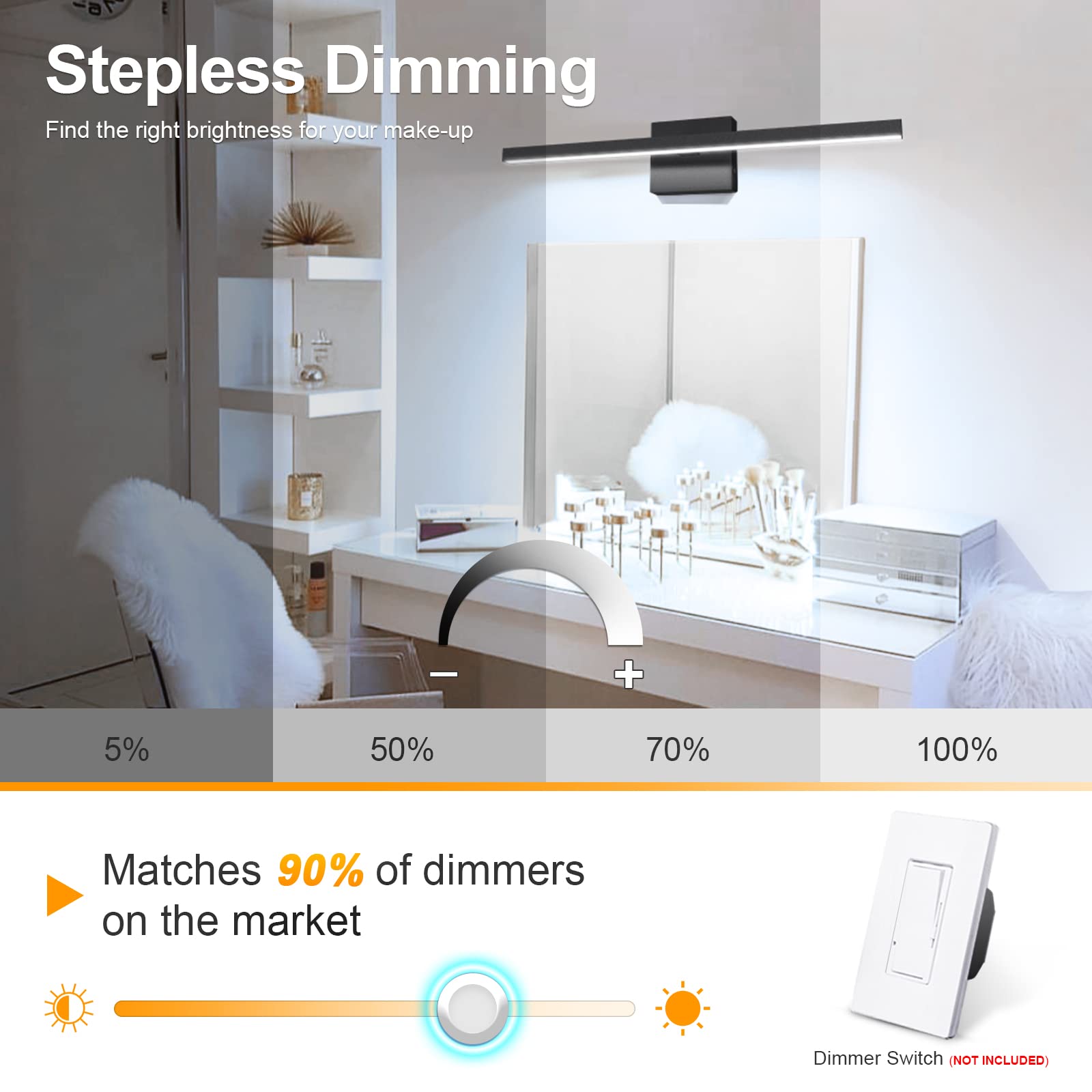 VOLISUN 23.6 Inch Modern Bathroom Vanity Light - 14W Dimmable LED Fixture with 5 Color Temperatures - Black Bar Light for Mirror, Vanity & Bathroom Cabinets - ETL Certified - Perfect for Bedroom, Powder Room & Makeup Area Lighting