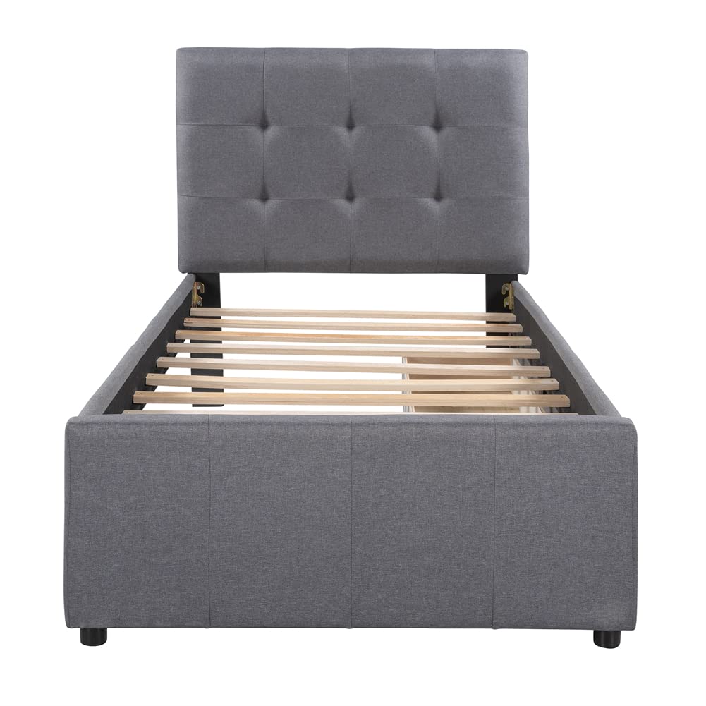 Linen Upholstered Platform Bed Frame with Storage Drawers & Tufted Headboard - Solid Pine Wood Twin Size Bed for Small Spaces | Modern Bedroom Furniture for Apartments, Dorms & Guest Rooms