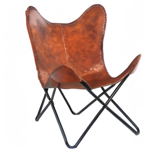 Hand-Stitched Brown Leather Accent Chair with Black Iron Frame - Boho Style Side Chair for Living Room, Bedroom & Office - Perfect for Reading Nook, Lounge Area or Home Decor