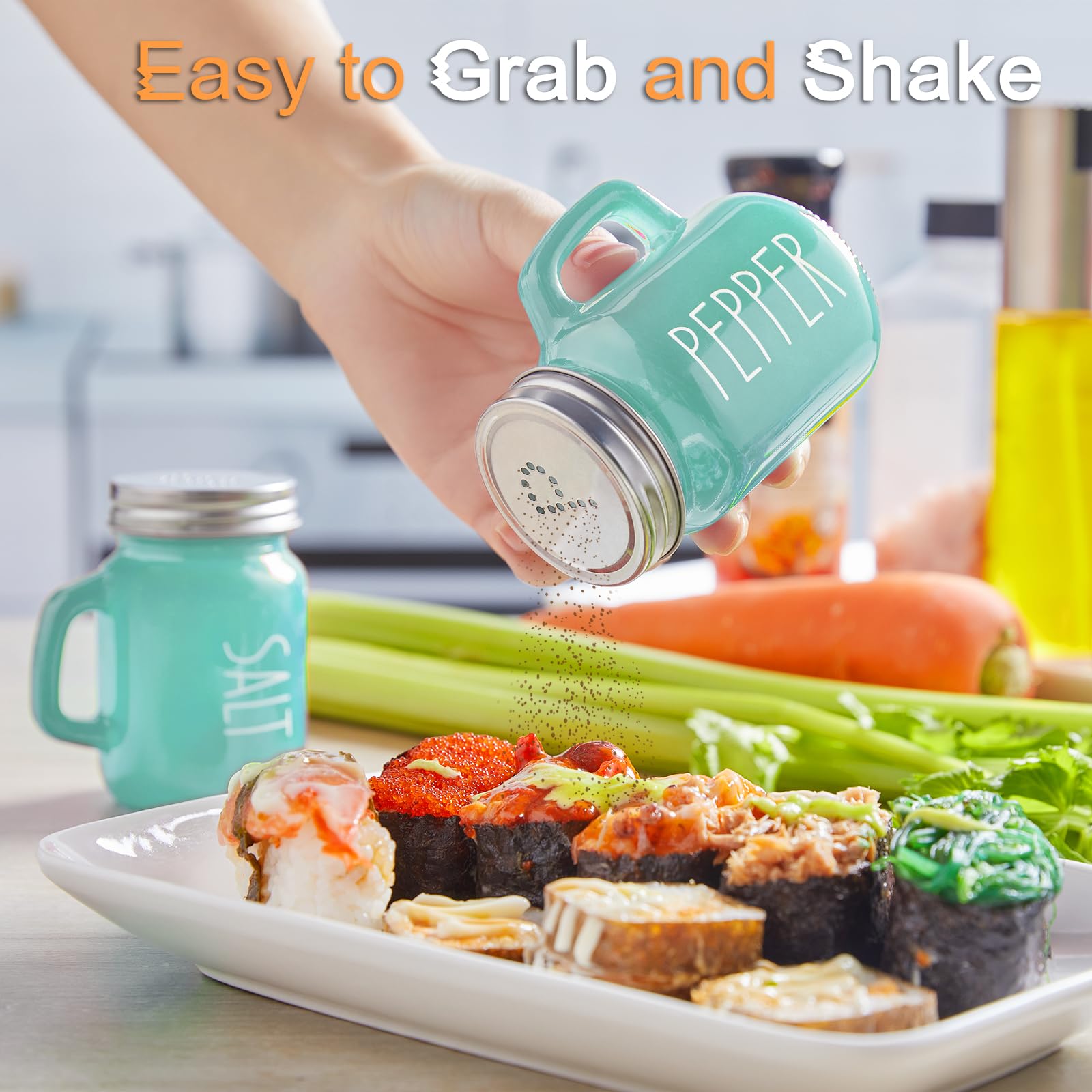 Turquoise Glass Salt and Pepper Shakers Set - Elegant Teal Kitchen Decor for Home, Restaurant & Wedding - Refillable Spice Containers for Dining Table, RV, BBQ - Perfect for Everyday Cooking, Camping & Hosting Guests - Easy to Clean & Use