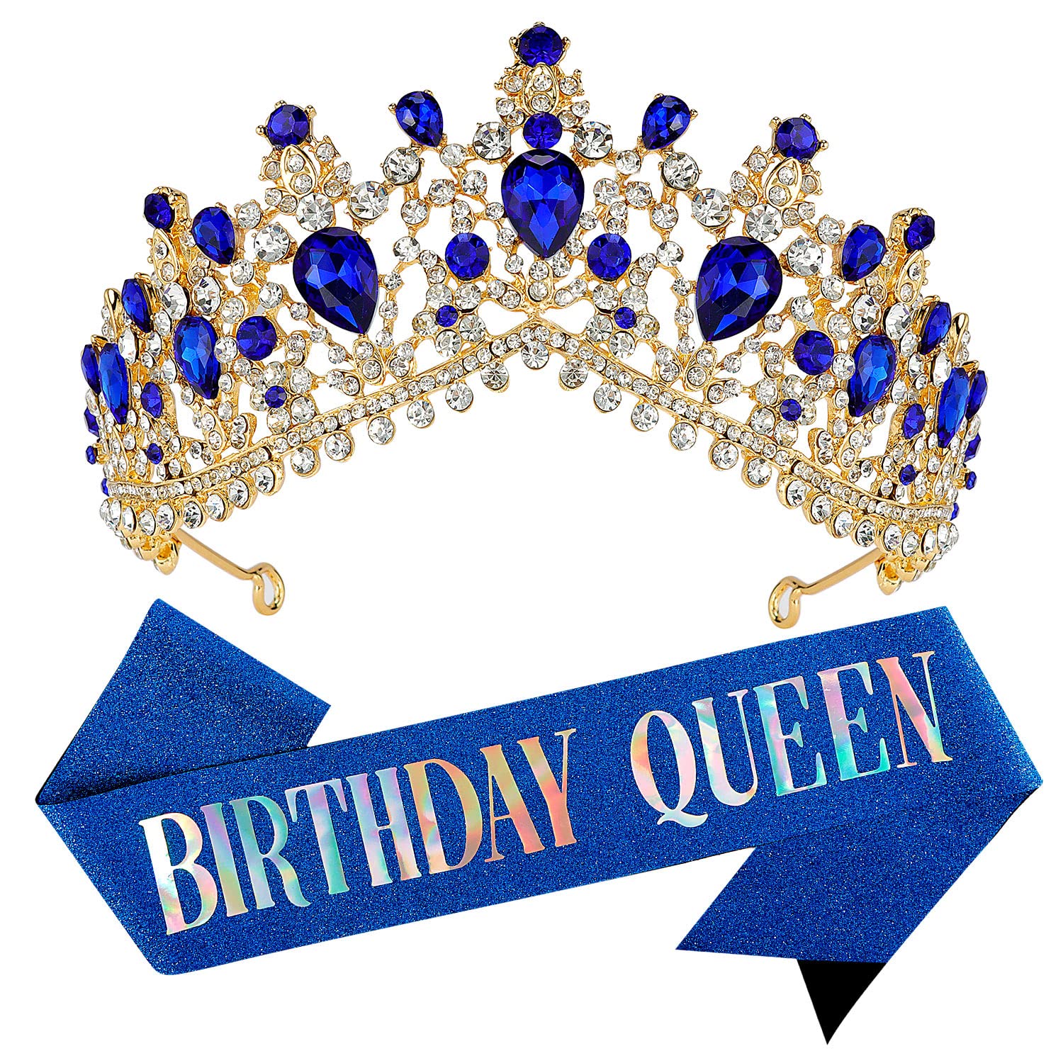 Elegant Birthday Crowns & Tiaras for Women - Blue Queen Sash Set with Happy Birthday Accessories - Perfect for Birthday Parties, Bachelorette Celebrations & Special Occasions