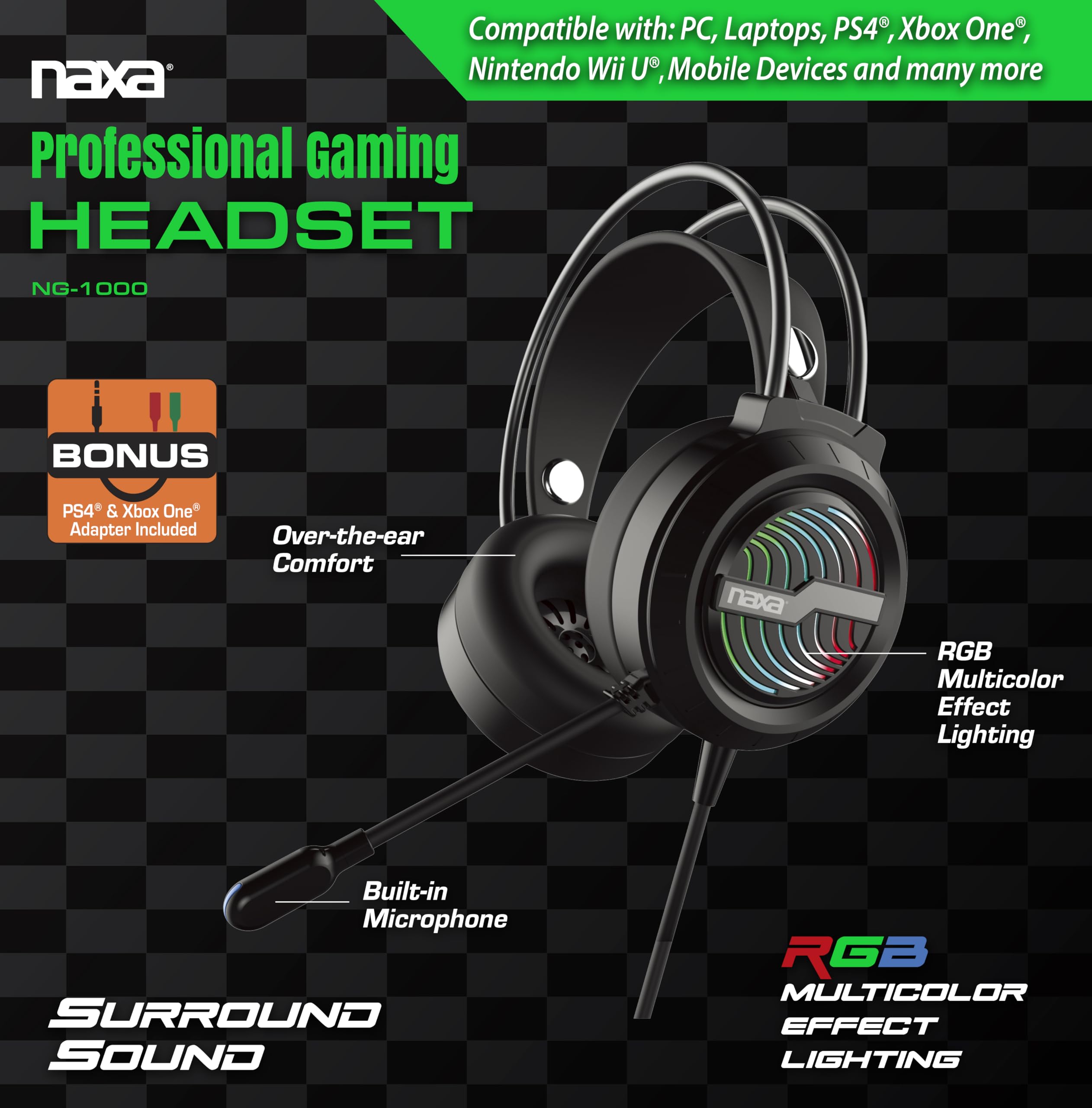 Naxa Electronics NG-1001 Professional Gaming Headset with Noise Cancellation - Wired Over-Ear Headphones for PC, PS4, Xbox - Perfect for Streaming, Esports & Online Gaming
