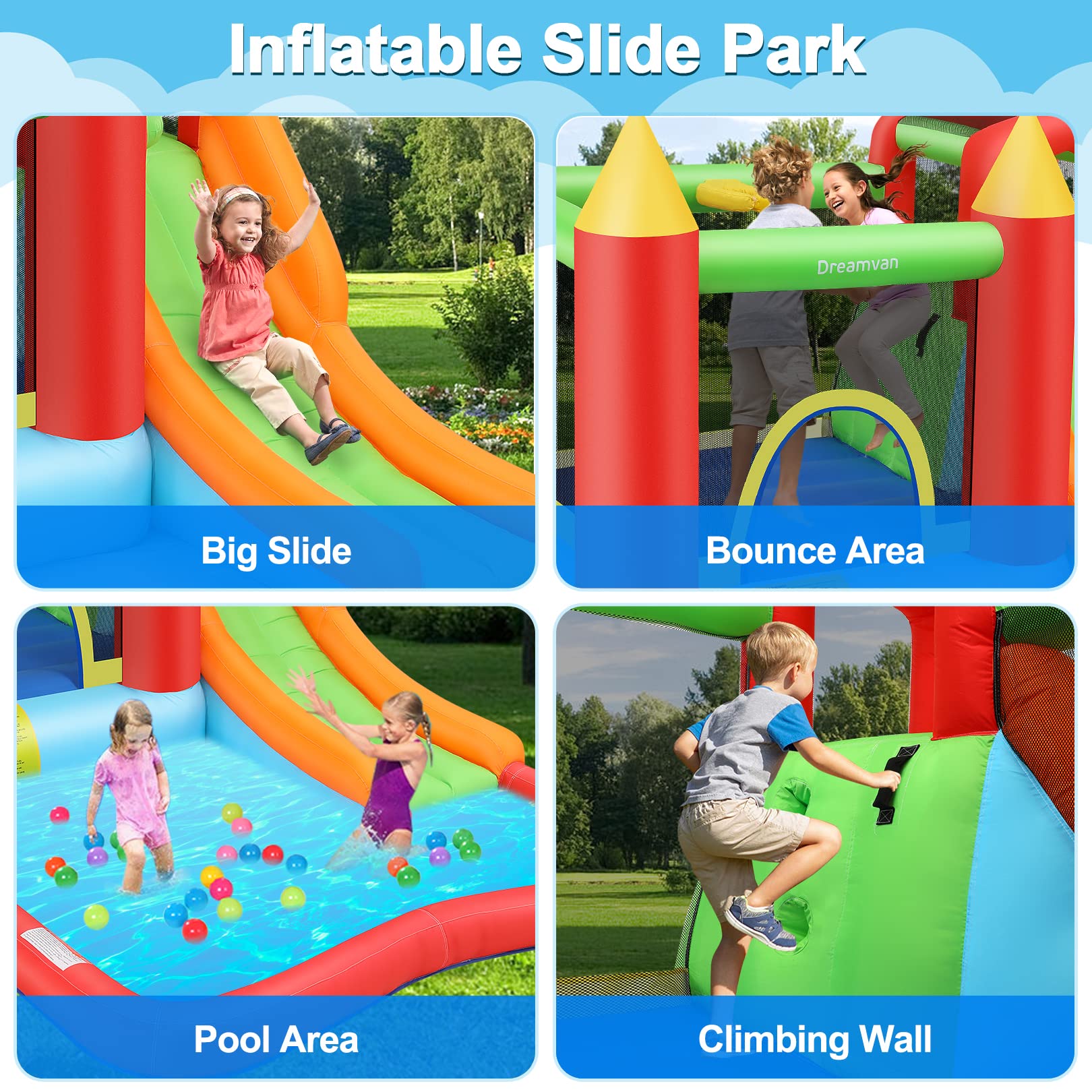 Inflatable Bounce House for Kids 3-12 - Outdoor/Indoor Bouncy Castle with Blower, Water Slide, Climbing Wall & Ball Pit - 146