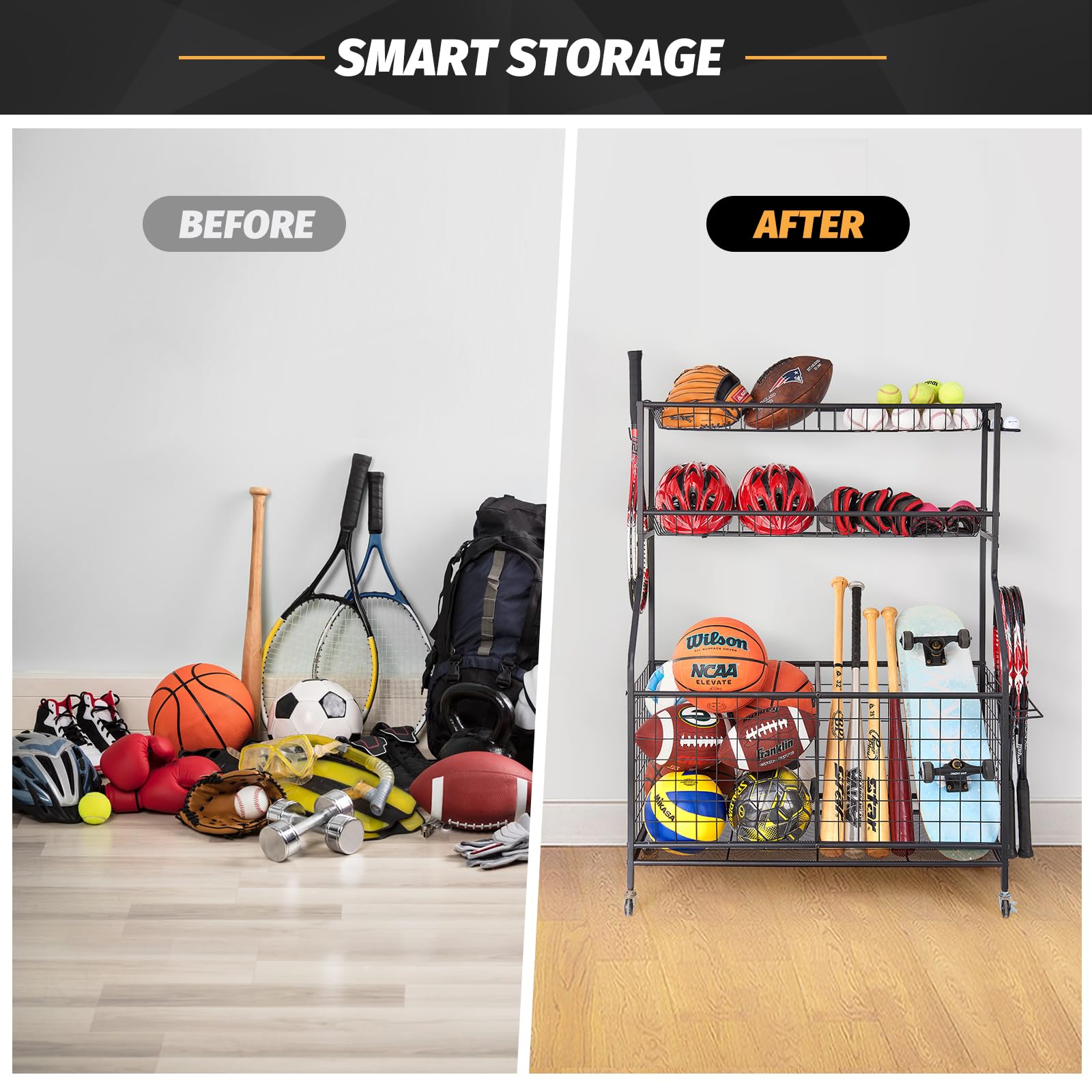 TNINE Sports Equipment Storage Cart - Rolling Garage Organizer for Basketballs, Baseball Bats, Footballs & Tennis Rackets | Indoor & Outdoor Toy Organizer with Wheels | Perfect for Garage, Playroom & Backyard Sports Gear Storage