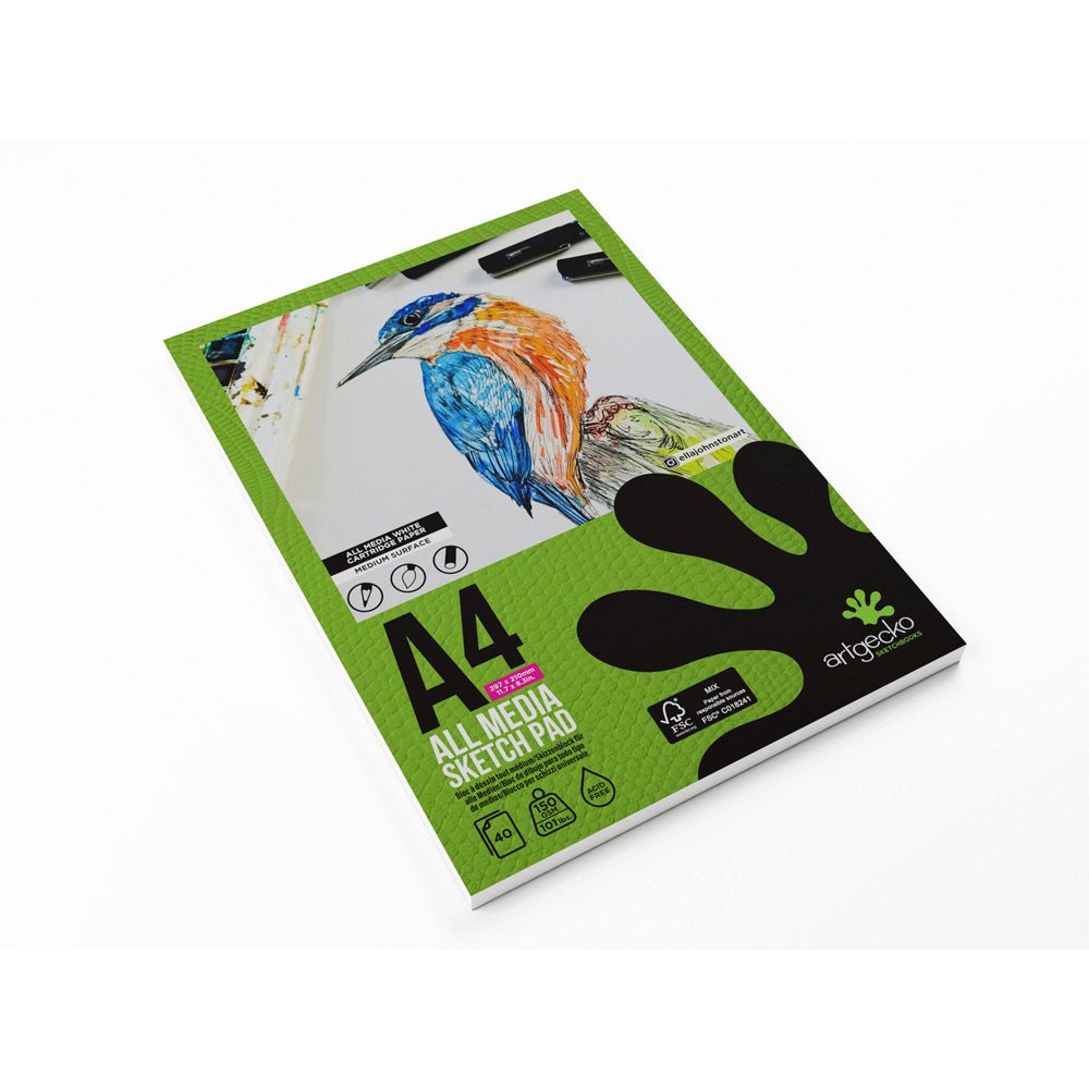 Artgecko Pro All Media Sketchpad - A4 Size, 40 Sheets of 150gsm White Paper for Drawing, Painting & Mixed Media Art - Perfect for Artists, Students & Professionals