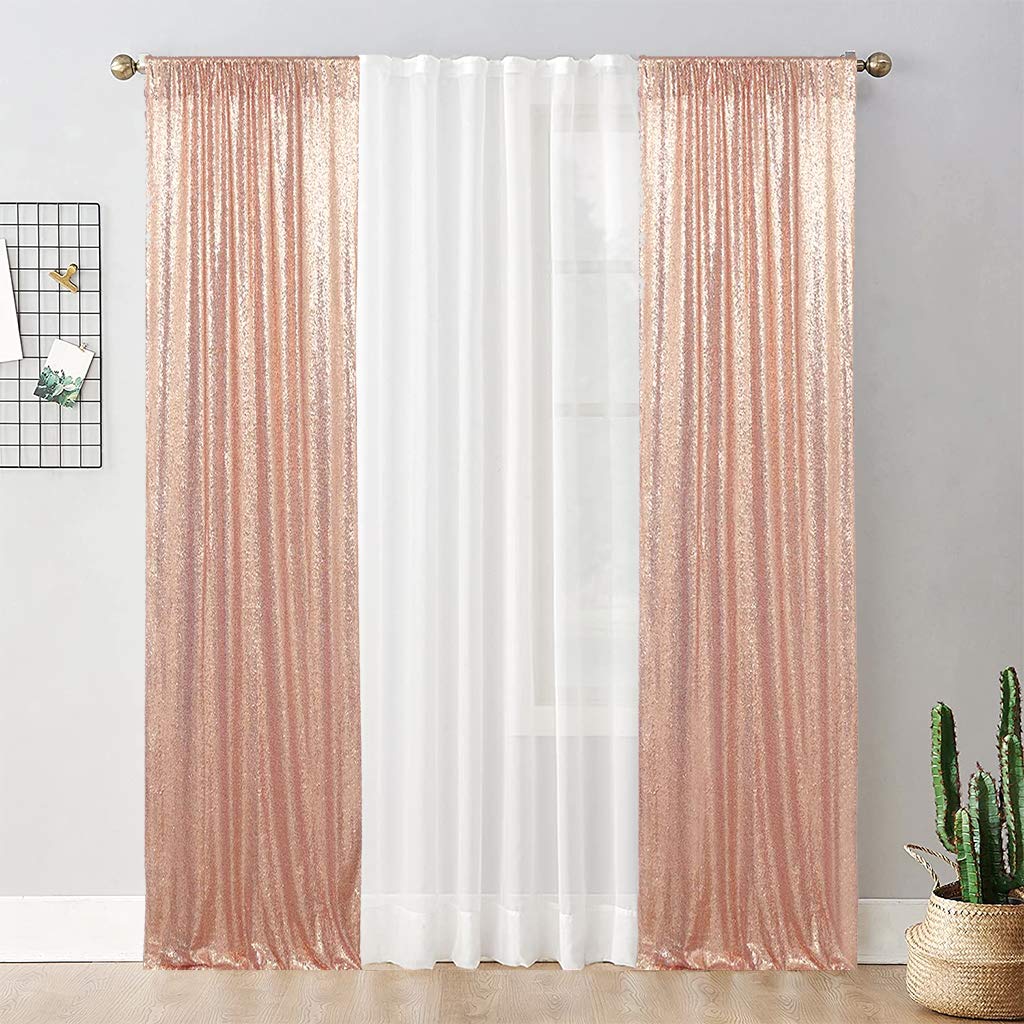 Juya Delight Rose Pink Sequin Photo Backdrop - 2ft x 8ft Glitter Curtain for Wedding, Birthday Party, Baby Shower Decorations - 2 Pack Sparkling Rose Gold Background for Photography & Event Decor