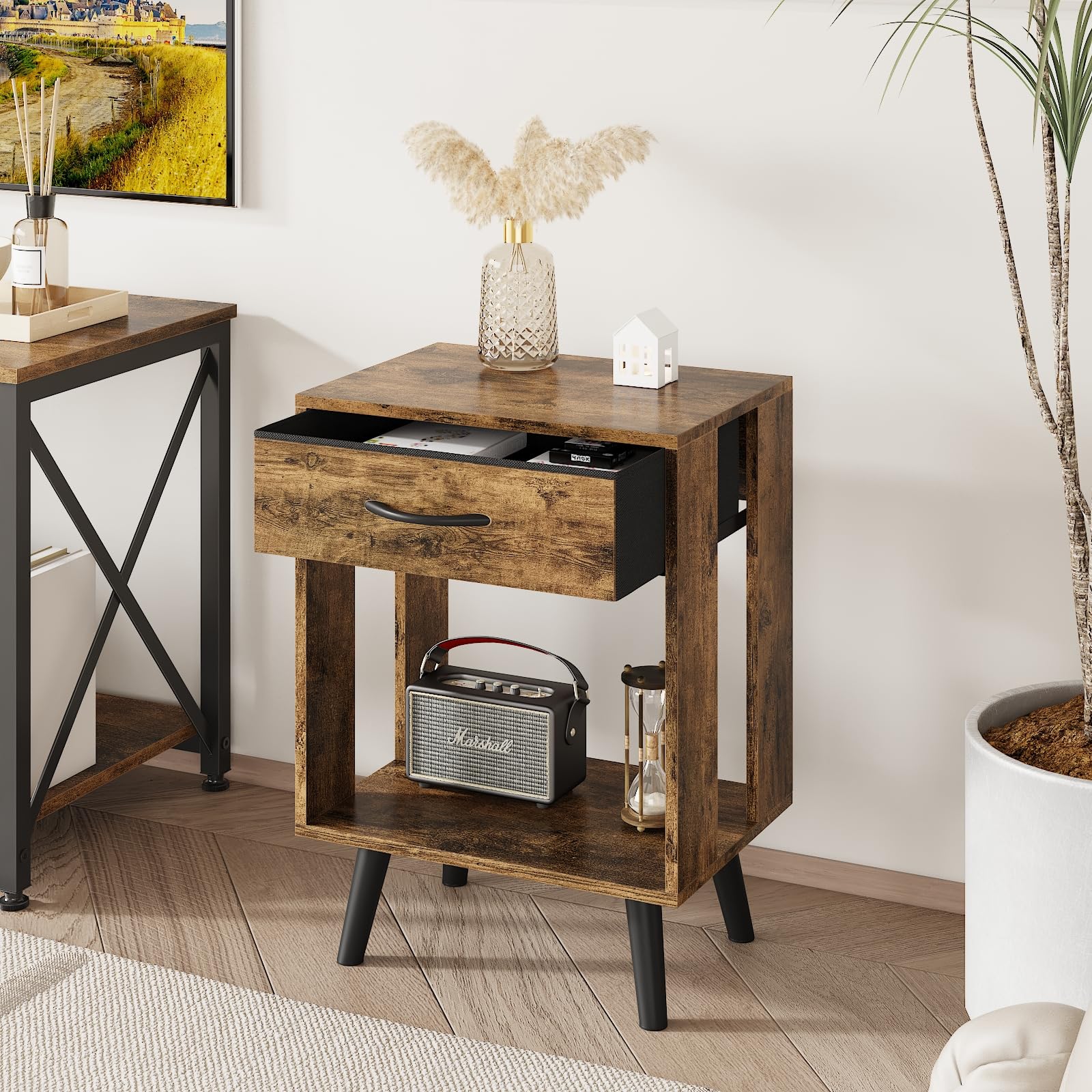 Rustic Nightstand Set of 2 with Fabric Drawers and Open Shelves - Bedside End Tables for Bedroom, Living Room, or Office - Perfect for Storage and Decor