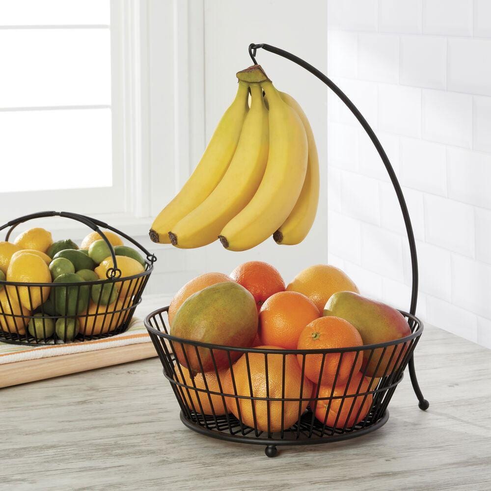 Tully 2-Tier Fruit Storage Basket with Banana Hook - Space Saving Kitchen Organizer for Countertop, Pantry & Dining Table Display