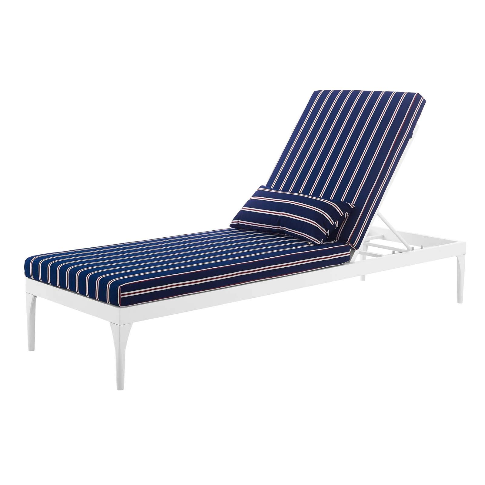 Modern Contemporary Outdoor Patio Balcony Garden Lounge Chair Chaise - White Navy Fabric Metal Steel Design for Relaxing by Poolside or Sunbathing