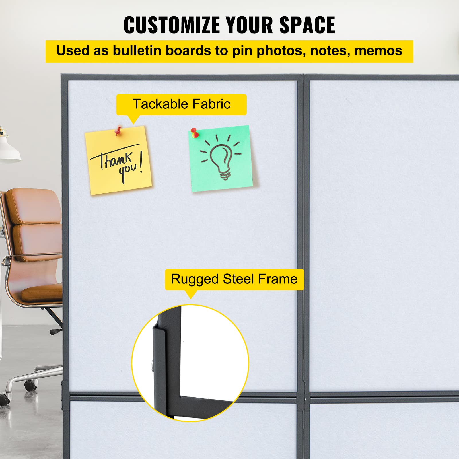 VEVOR 5.5 ft Folding Room Divider - 3 Panel Portable Privacy Screen for Office, Library, School - Soundproof Partition with Cool Gray Finish - Perfect for Workspace Separation, Study Areas & Home Privacy