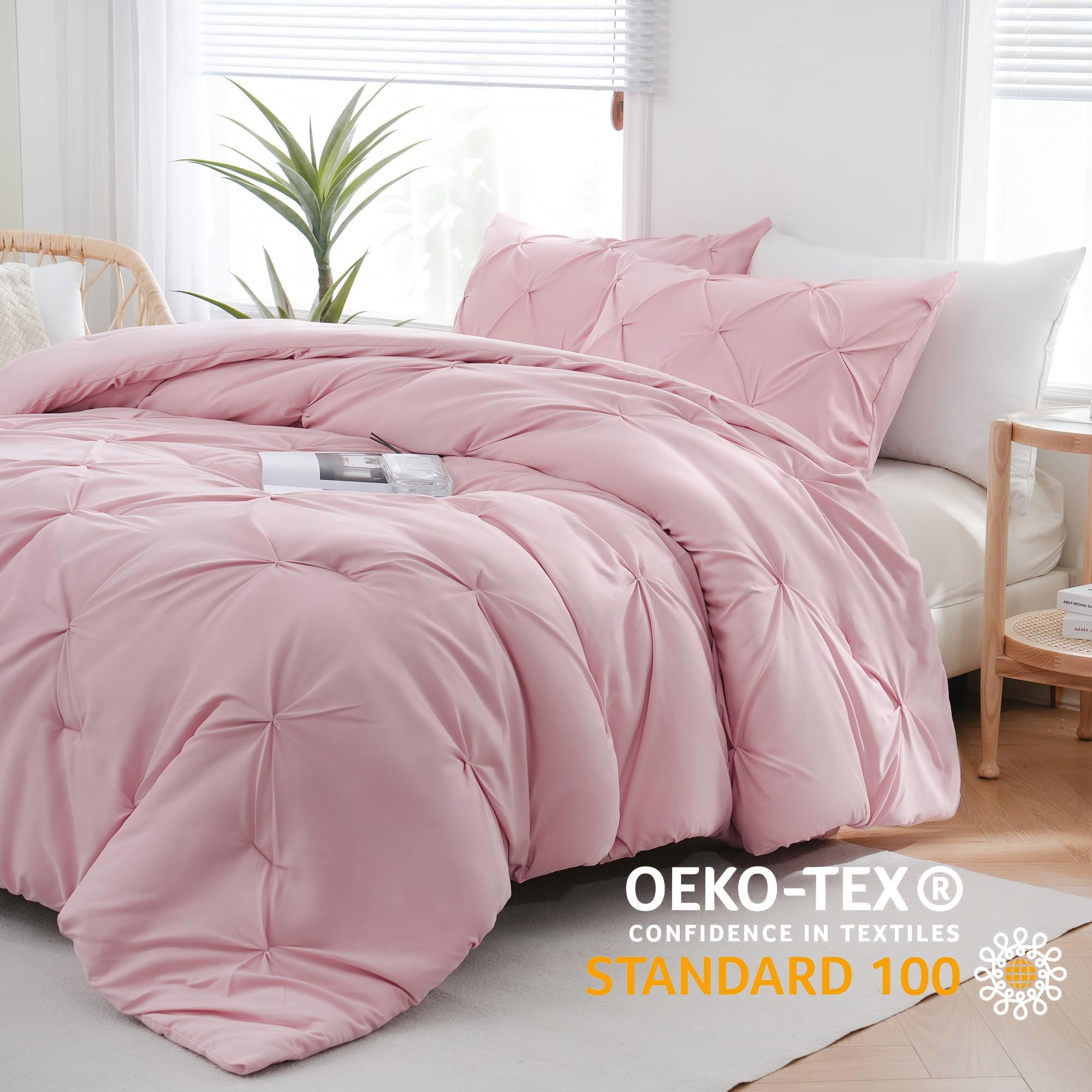 DOWNCOOL Queen Comforter Set - 3 Piece Pink Pinch Pleat Bedding Set, Soft Fluffy Pintuck Comforter with 2 Pillowcases, All Season Queen Size Bed Set for Cozy Bedroom Decor & Guest Room Styling