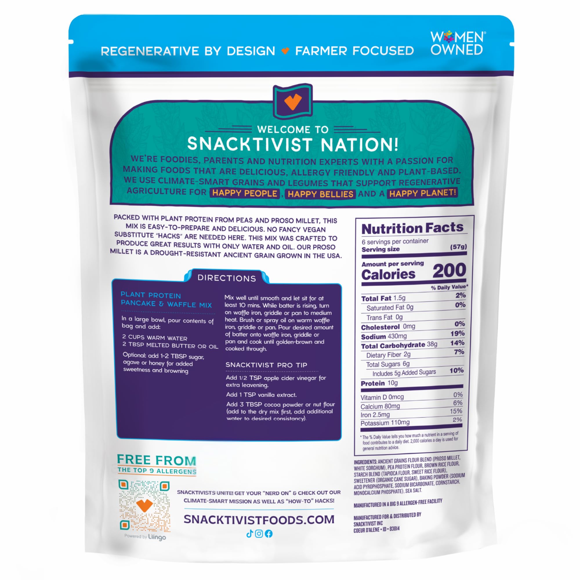 Snacktivist Foods - Gluten-Free Vegan Waffle & Pancake Mix | Non-GMO Plant Protein Breakfast Mix | 12 Ounce (Pack of 6) | Perfect for Healthy Breakfast, Kids Meals & Camping