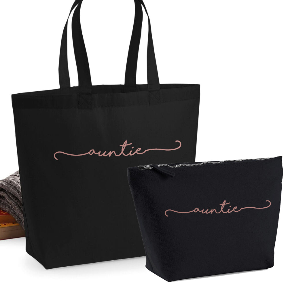 Vintage-Inspired 2-Piece Tote and Accessory Bag Set - Auntie Retro Script Design (MRK X) - Perfect for Shopping, Beach Trips, and Everyday Use