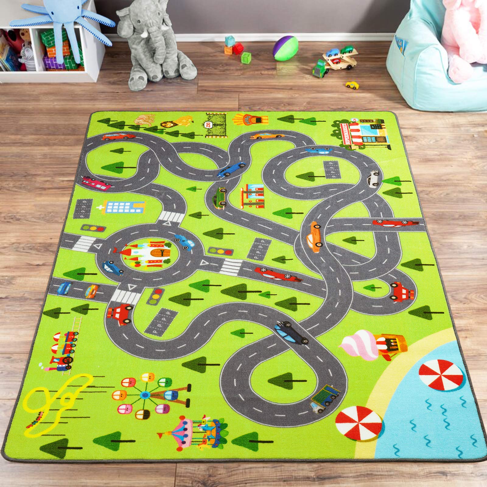 HOMORE Kids Play Mat Rug - 3x5 Feet Educational City Play Rug for Hot Wheels Track Racing & Toys | Non-Slip Carpet Playmat for Children's Bedroom, Playroom & Nursery | Perfect for Pretend Play & Learning Activities