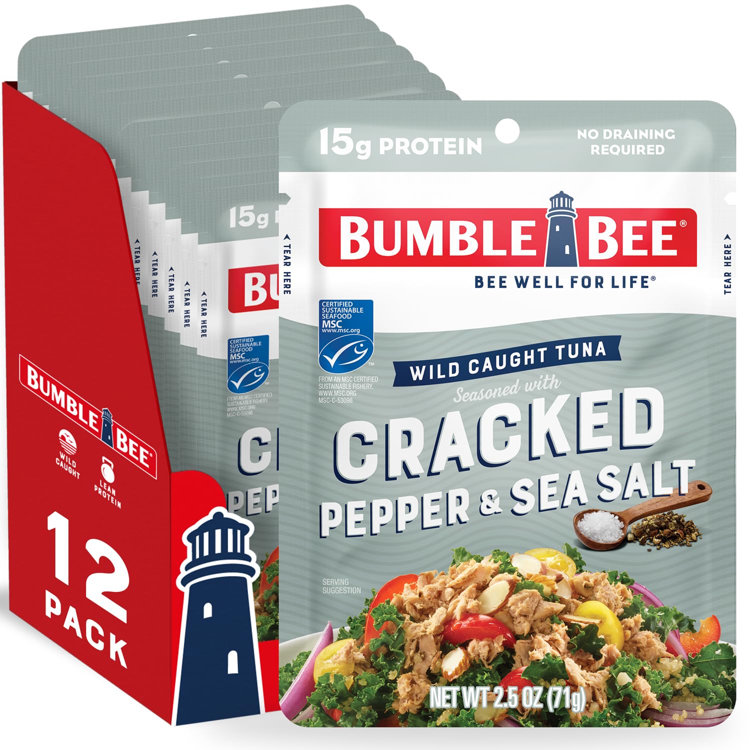 Bumble Bee Cracked Pepper & Sea Salt Seasoned Tuna, 2.5 oz Pouches (Pack of 12) - Wild Caught, Ready to Eat Tuna Packets - High Protein (15g per Serving), Gluten Free, Keto & Paleo Friendly - Perfect for Lunches, Camping, and Emergency Food Supply