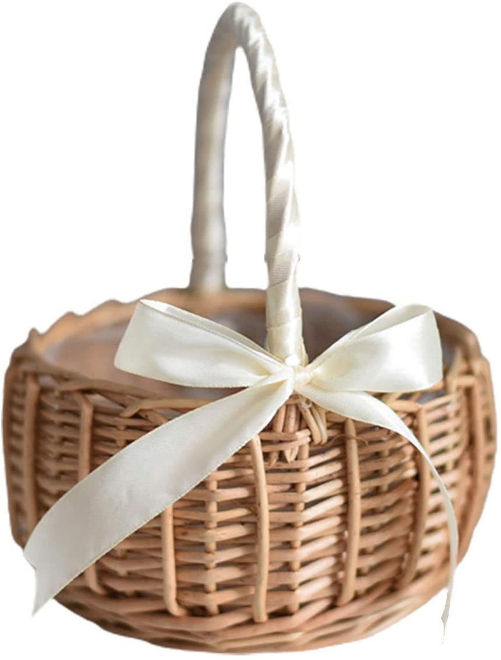Elegant Woven Rattan Flower Basket - Multifunctional Wedding Flower Girl Basket, Decorative Picnic Storage Basket for Home, Party & Outdoor Events (Pink/White)