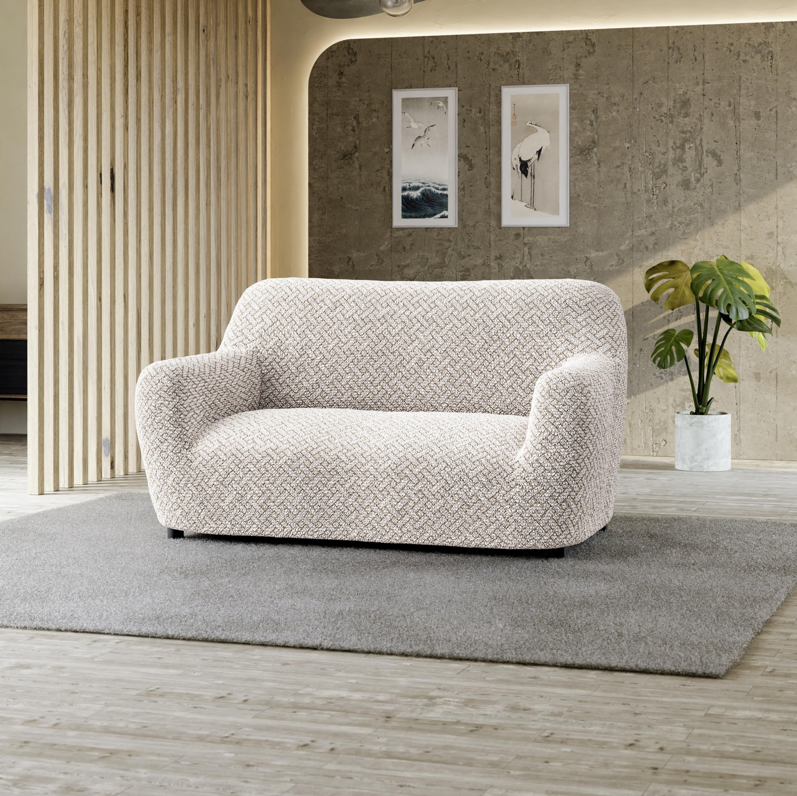 PAULATO BY GA.I.CO. Oversized Loveseat Slipcover - Stretch Sofa Cover for 2-Seater Couches - Washable Microfiber Protector in Venezia Cream Print - Perfect for Living Room, Bedroom & Home Decor