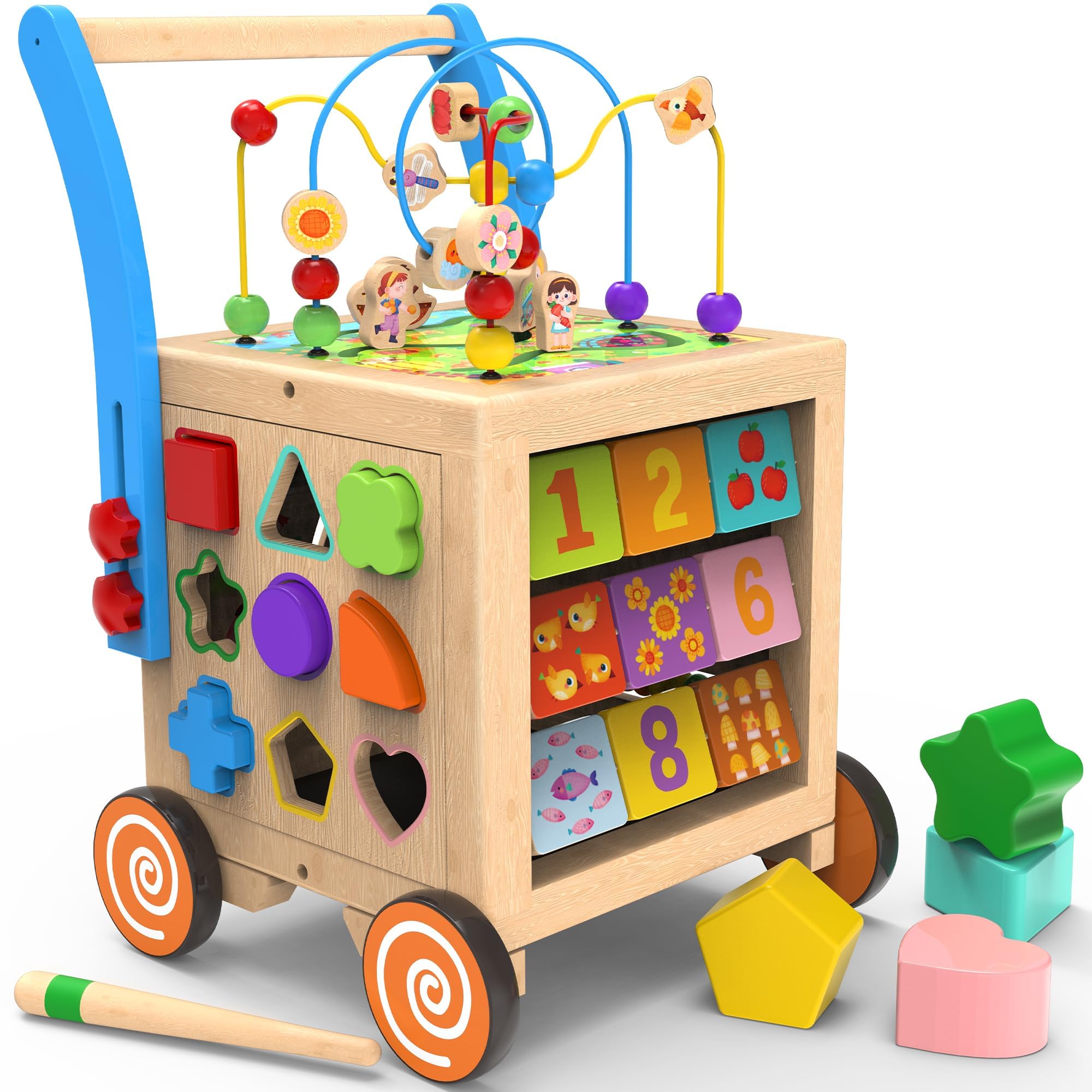 9-in-1 Wooden Activity Cube Baby Walker - Adjustable Height & Brake, Sit-to-Stand Learning Toy with Push & Pull Features for Toddlers Boys & Girls | Early Education Developmental Toy for Playroom, Nursery & Daycare