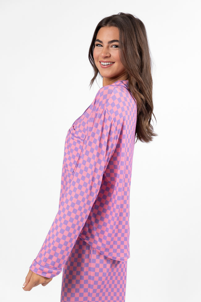 Light Pink and Lilac Checkered Long Sleeve Pajama Top for Women - Soft & Comfortable Sleepwear - Perfect for Cozy Nights, Loungewear, and Relaxing at Home