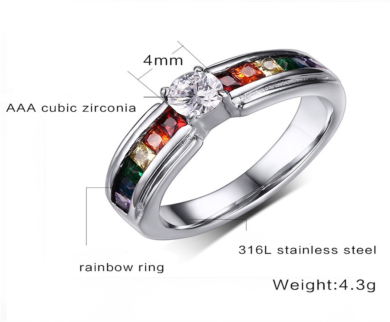 316L Stainless Steel LGBT Pride Rainbow CZ Cubic Zirconia Wedding Engagement Rings for Couples - Perfect for Same-Sex Proposals, Commitment Ceremonies & Anniversary Gifts