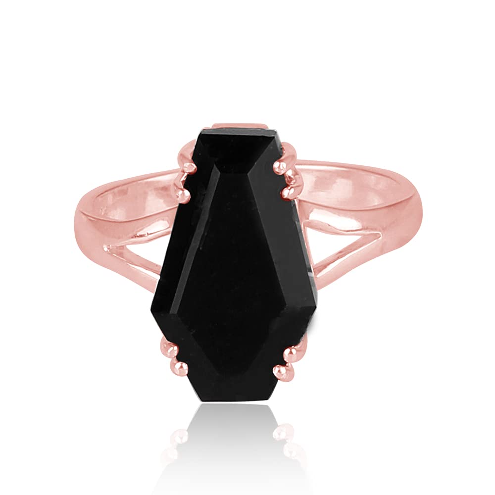 Black Onyx Gemstone Ring - Coffin Design Statement Ring in Solid 925 Sterling Silver | Evil Eye Protection Jewelry | Stackable Silver Ring for Women (Rose Gold Plated, Size 4.5) | Perfect for Gothic Fashion, Witchy Aesthetic & Everyday Wear