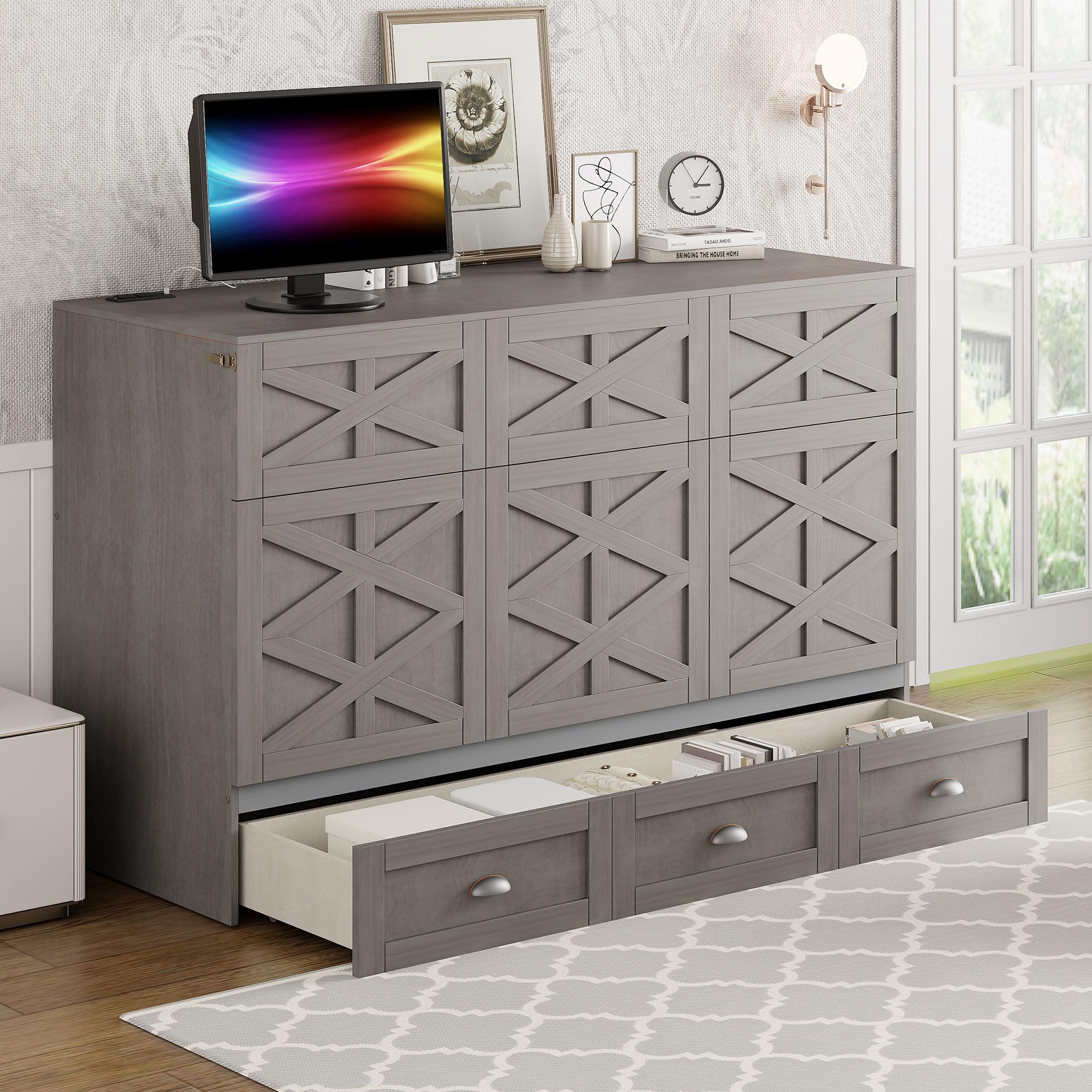 Queen Size Murphy Bed with Storage Drawers & USB Charging Station - Space Saving Wall Bed Cabinet for Home Office, Guest Room & Small Apartments - Brushed Gray Finish - Easy Pull Down Mechanism for Comfortable Sleeping