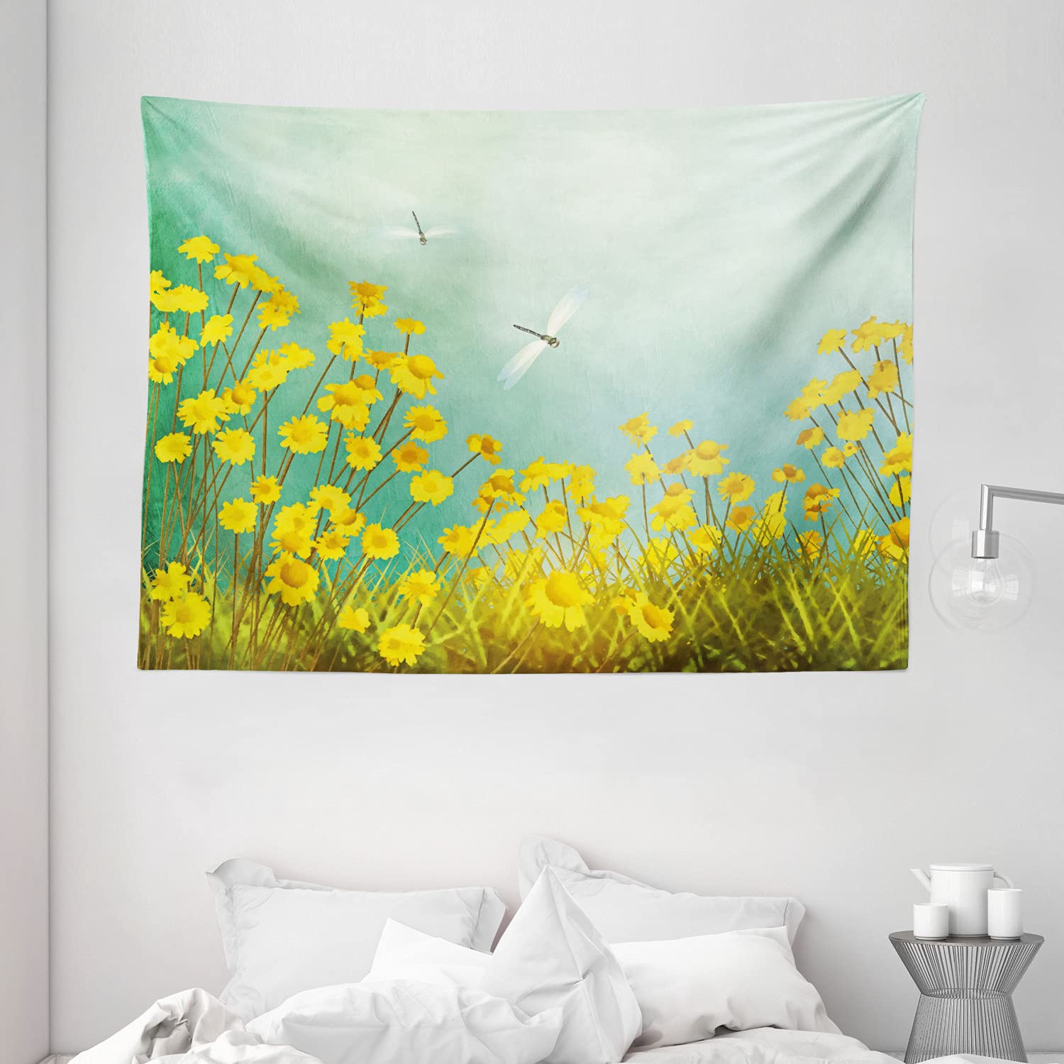 Ambesonne Dragonfly Tapestry Wall Hanging - 80x60 Inch Floral Landscape with Daisies & Dragonflies, Green Yellow Bohemian Decor for Bedroom, Living Room, Dorm | Perfect for Boho Home Decor, Meditation Spaces & Photo Backdrops