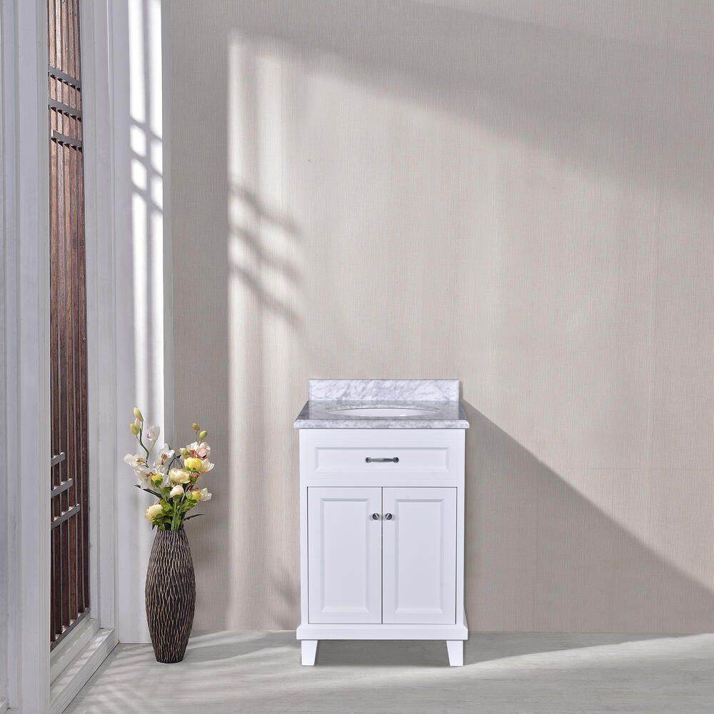 White Bathroom Vanity with Solid Wood Frame & Carrara Marble Top - 3 Size Options for Modern Bathroom Decor | Perfect for Master Bath, Guest Bath & Small Space Remodeling