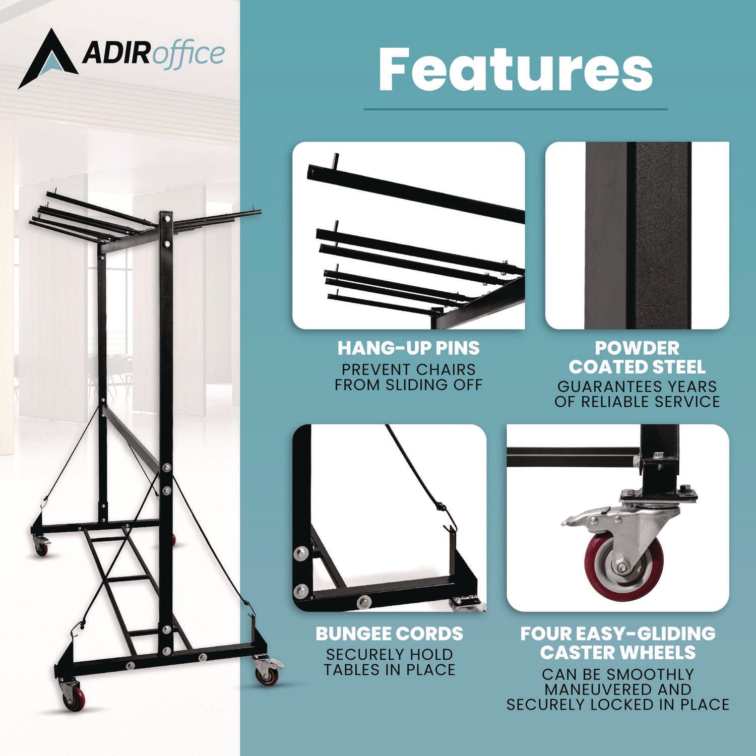 AdirOffice Heavy Duty Folding Chair and Table Combo Cart - 600 lb Capacity Metal Utility Cart with Wheels, 33.7