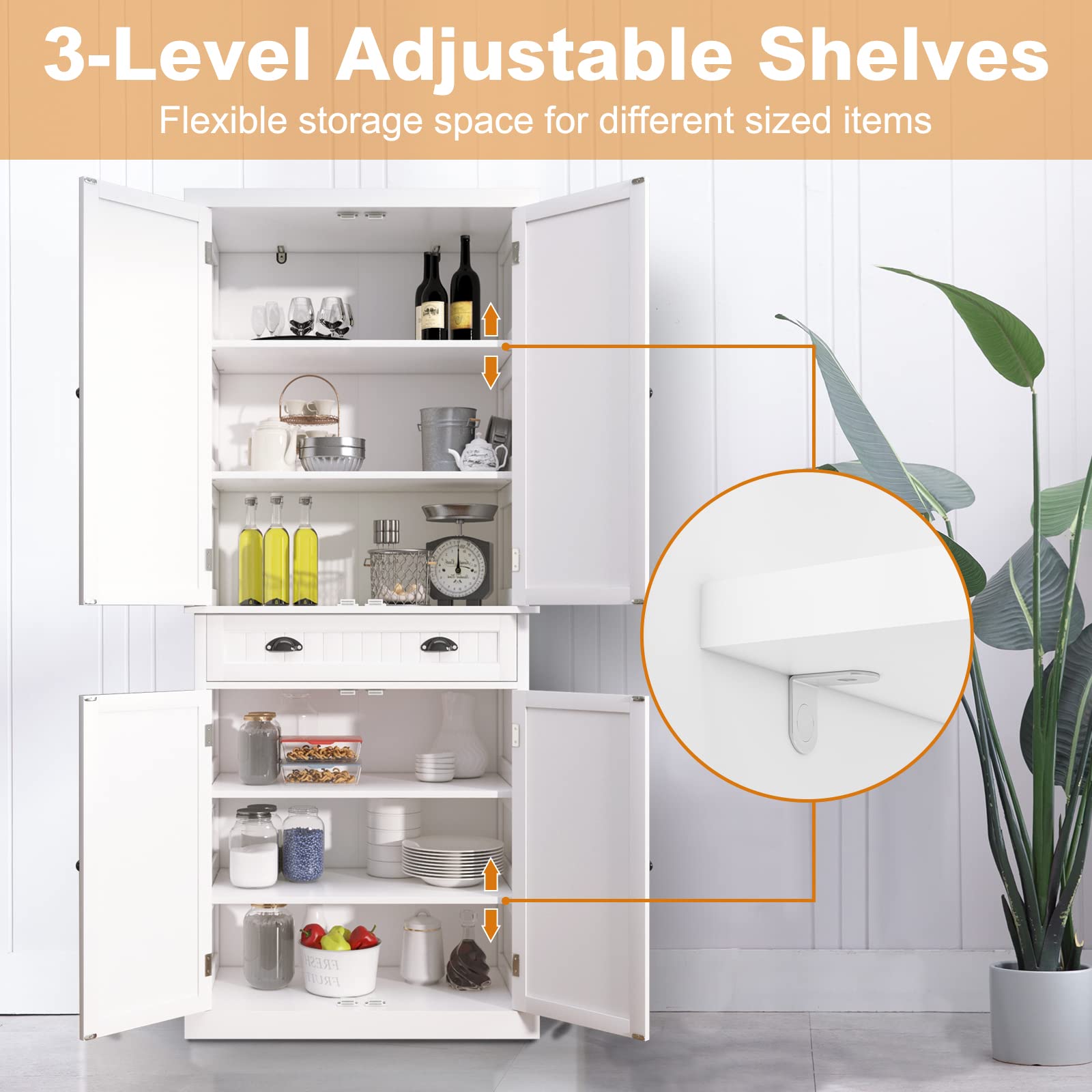 ARTPOWER White Kitchen Pantry Storage Cabinet with Drawer & Adjustable Shelves - Organizer for Kitchen, Bathroom, Hallway | Perfect for Small Spaces, Apartment Living & Home Organization