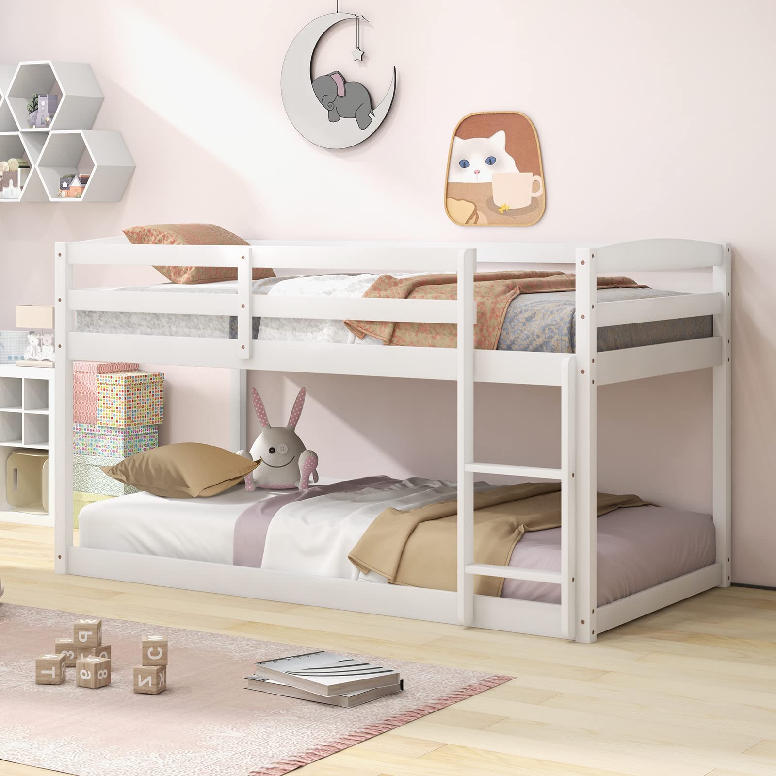 Giantex Twin Low Bunk Bed Frame - Solid Wood Twin Over Twin Bunk Bed with Full Guardrails & Built-in Ladder - Sturdy Kids Bunk Beds for Boys and Girls - No Box Spring Required - White - Perfect for Small Bedrooms, Kids' Rooms, Sleepovers & Space-Saving Solutions