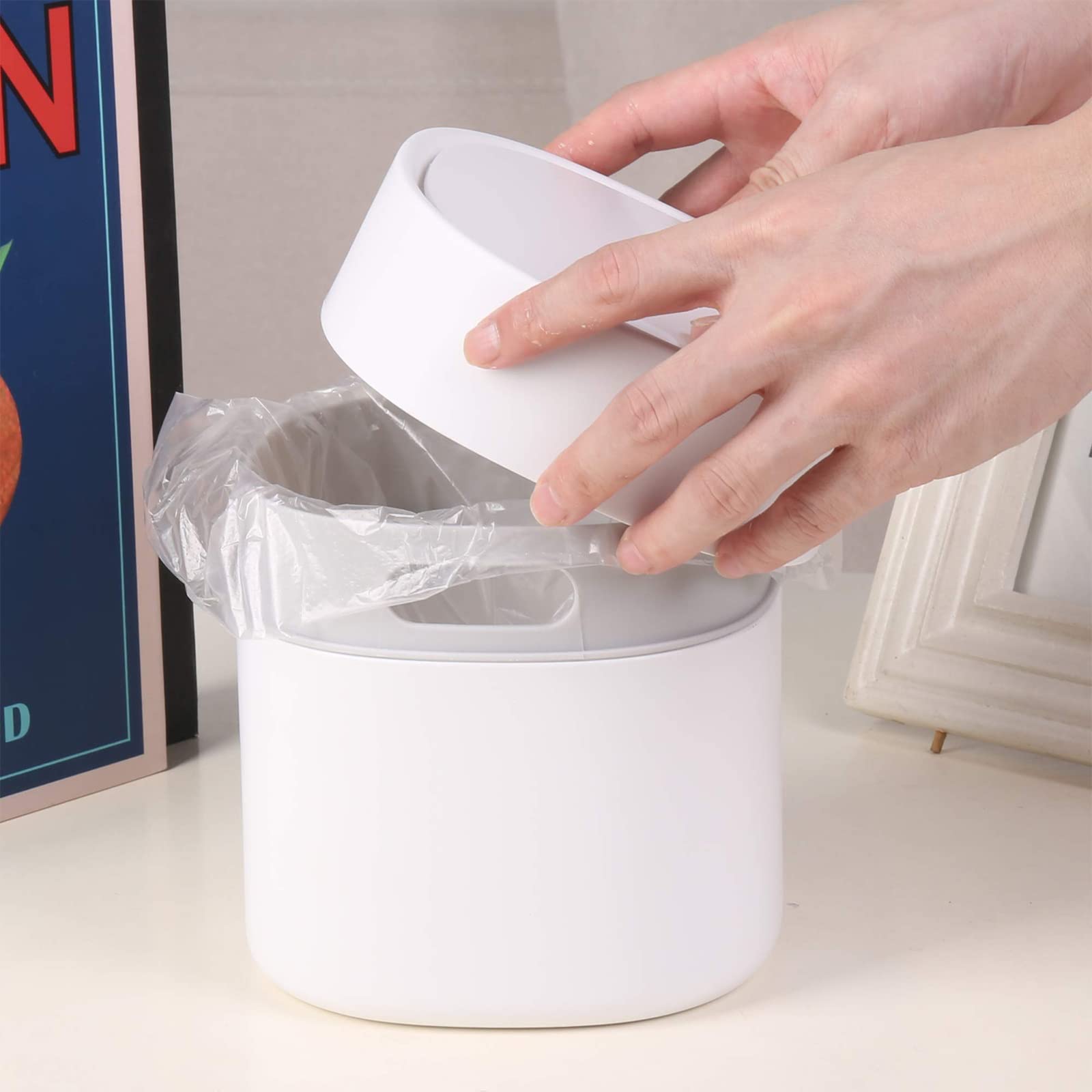 Mini Trash Can with Lid - 2L Small Waste Bin for Bathroom Vanity, Office Desk, Coffee Table - Perfect for Cotton Rounds, Makeup Sponges, Tissues (Square Press, White) | Space-Saving Home & Office Organization Solution