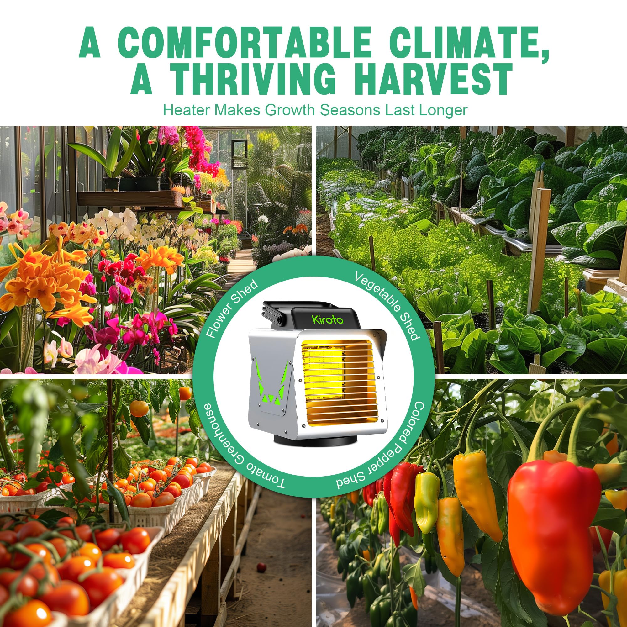 Kiroto 1500W Smart Greenhouse Heater with APP Remote Control & Thermostat - Portable Outdoor Winter Heater for Plants, Vegetables Grow Tent & Garage - Energy Efficient Safe Heating Solution for Indoor Gardening, Hydroponics & Winter Plant Protection