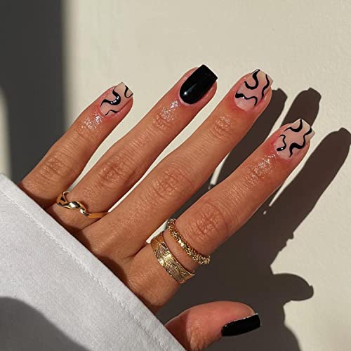 KXAMELIE Short Square Press On Nails - Black Swirl Acrylic Fake Nails with Glue | Natural Nude Look | Salon Quality | Perfect for Women & Girls Daily Wear, Parties, Weddings & Special Occasions