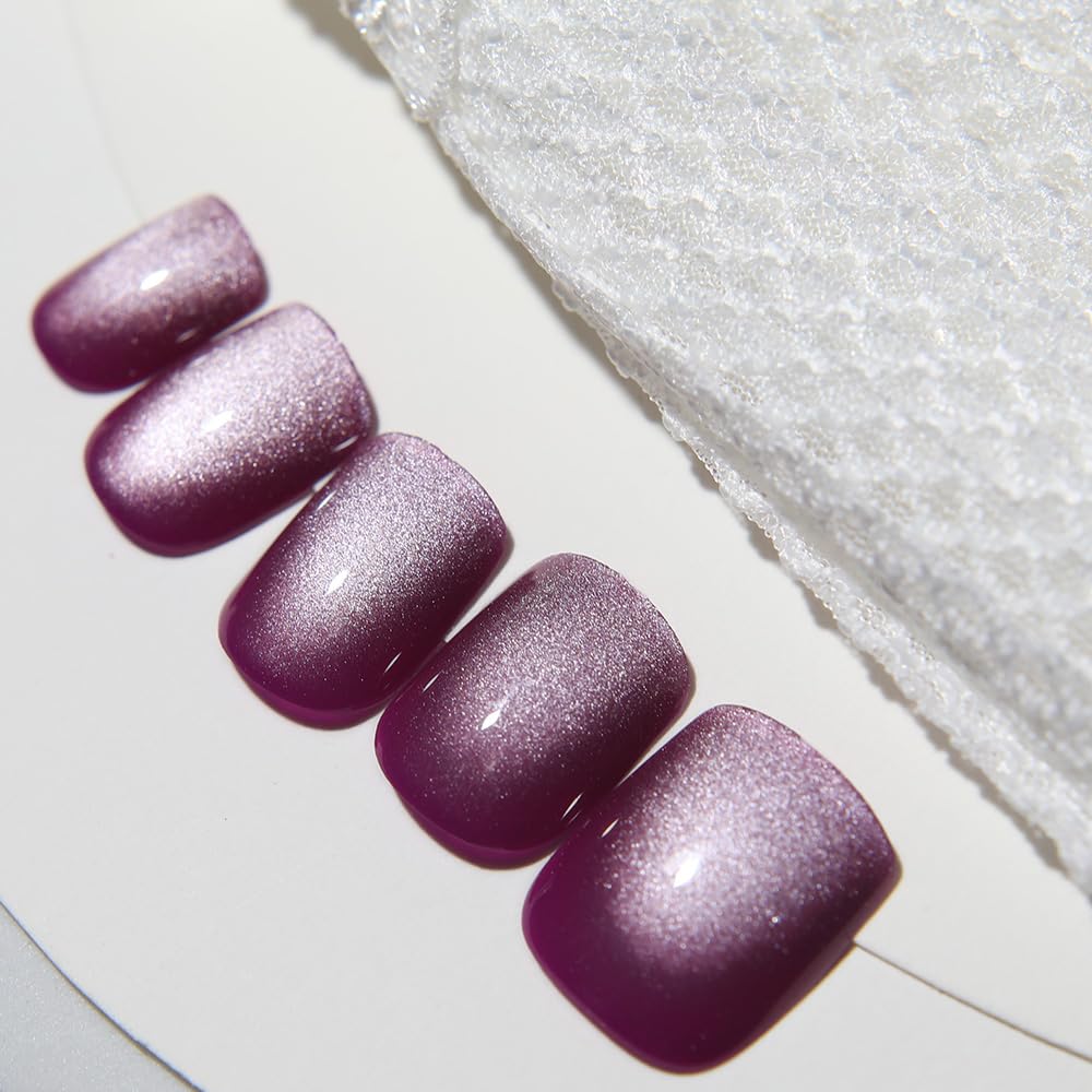 Short Square Press on Nails - Purple Cat Eye Fake Nails | Reusable Glossy Acrylic Stick on Nails Kit for Women | Perfect for Parties, Weddings & Everyday Glam