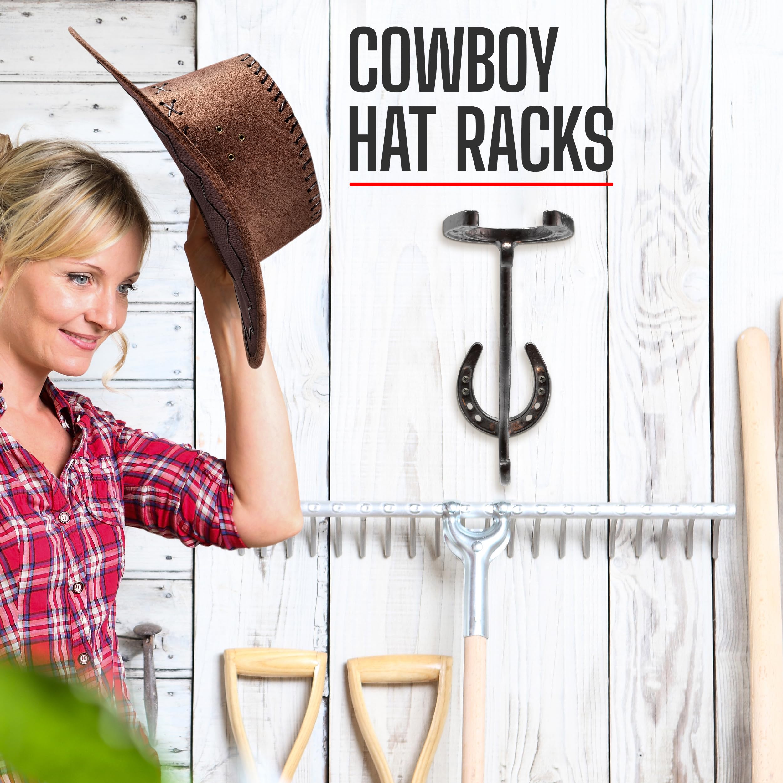 2-Pack Cowboy Hat Wall Hooks - Heavy Duty Iron Hat Rack & Organizer for Hats, Coats, Keys - Rustic Western Horseshoe Wall Mount Storage - Perfect for Entryway, Mudroom, or Western-Themed Home Decor