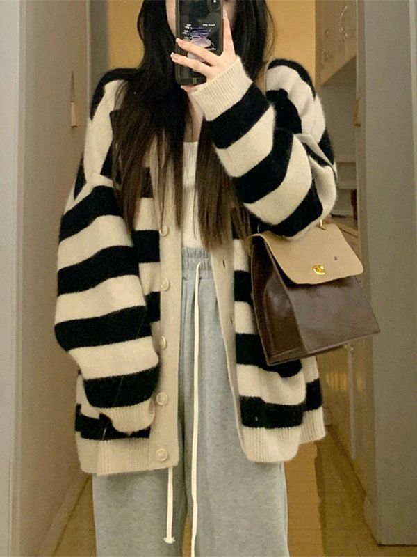 Cozy Striped V-Neck Knit Cardigan for Women - Loose Fit Winter & Autumn Sweater Jacket | Perfect for Casual Outings, Office Wear & Layering