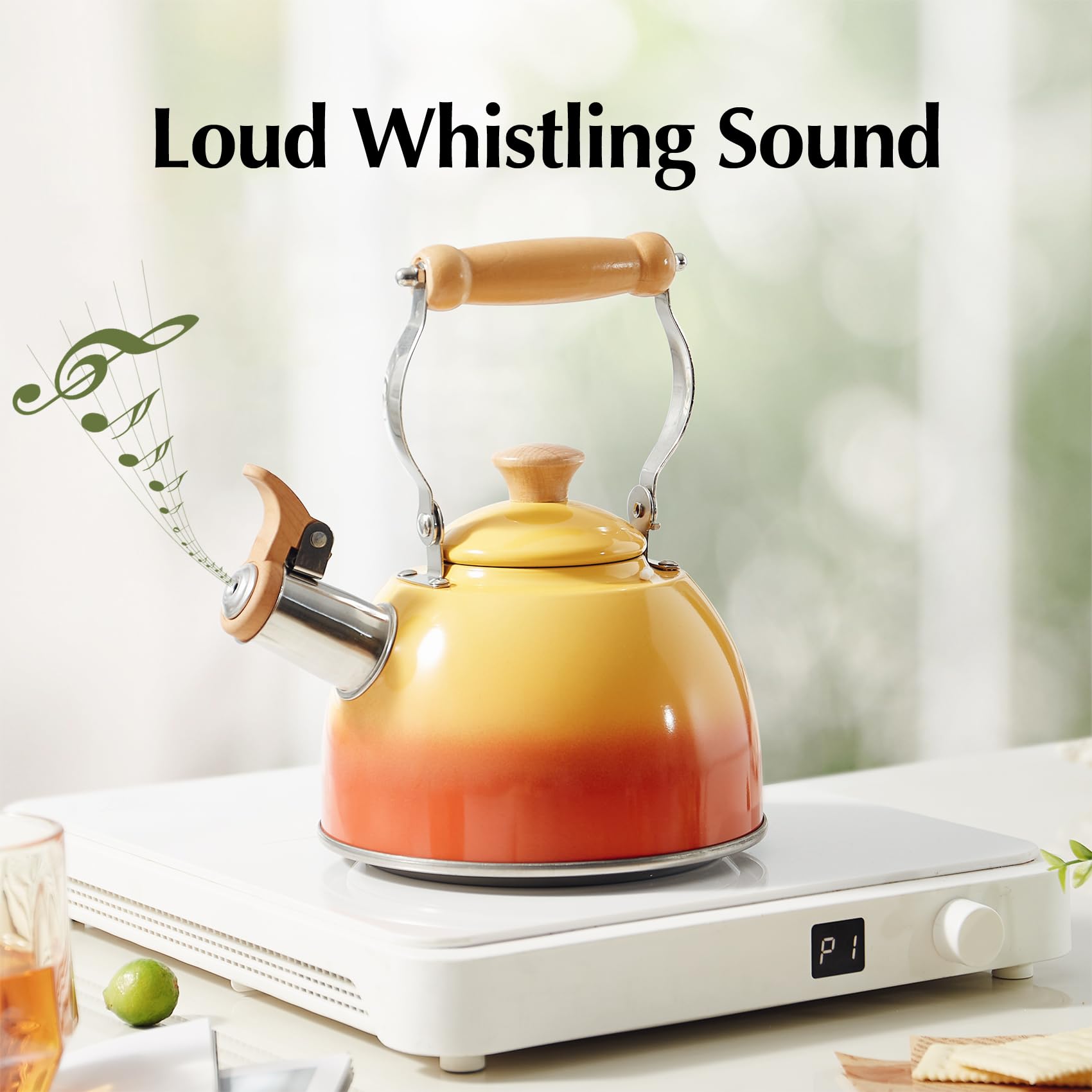 ROCKURWOK 1.6 Quart Stainless Steel Whistling Tea Kettle - Cool Touch Ergonomic Handle, Stovetop Safe, Food Grade Material (Orange) - Perfect for Home, Office, Camping & Gift Giving