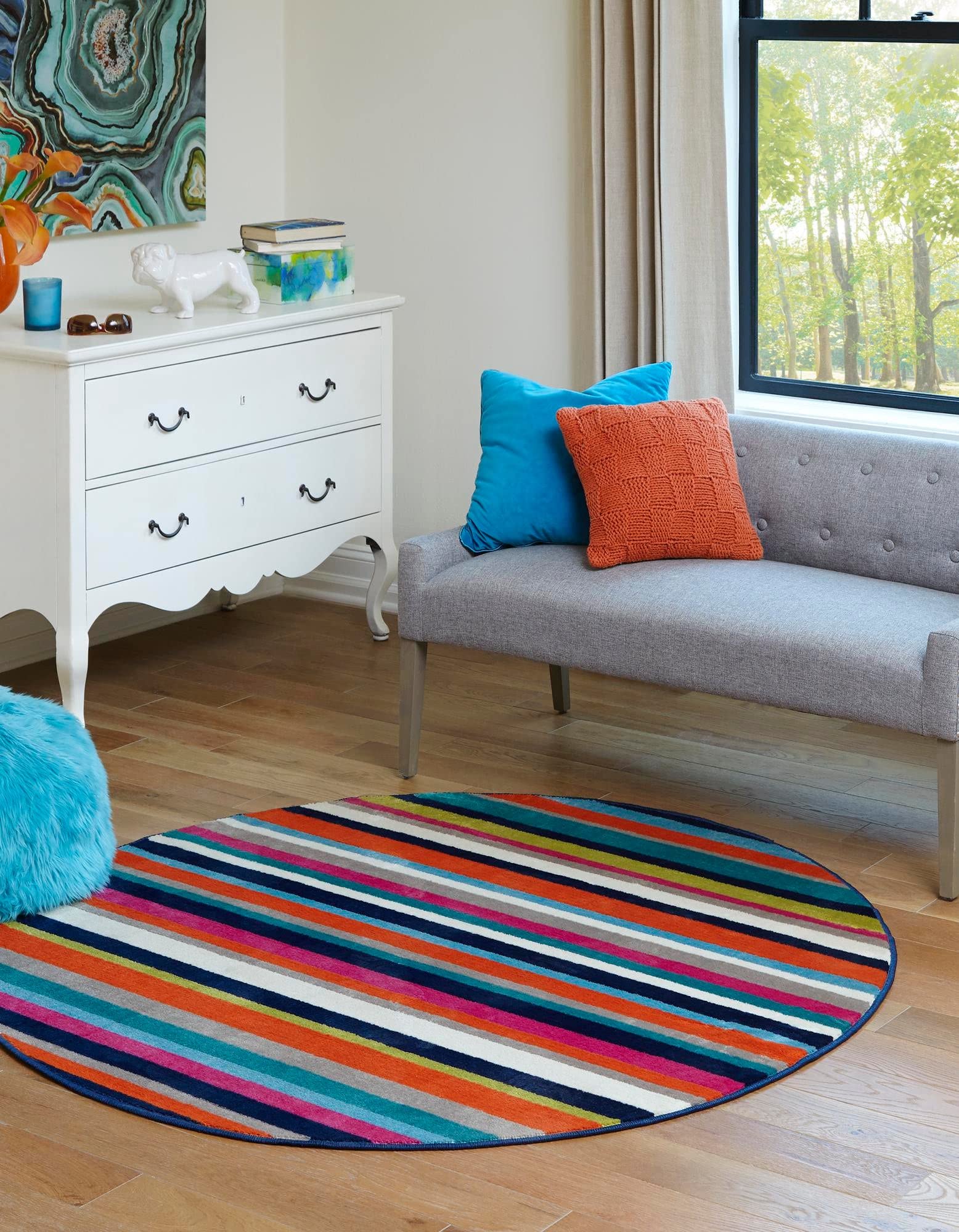 Unique Loom Azalea Collection Round Area Rug - 3' x 3' Light Blue Teal Non-Slip Floor Mat for Living Room, Bedroom & Nursery Decor