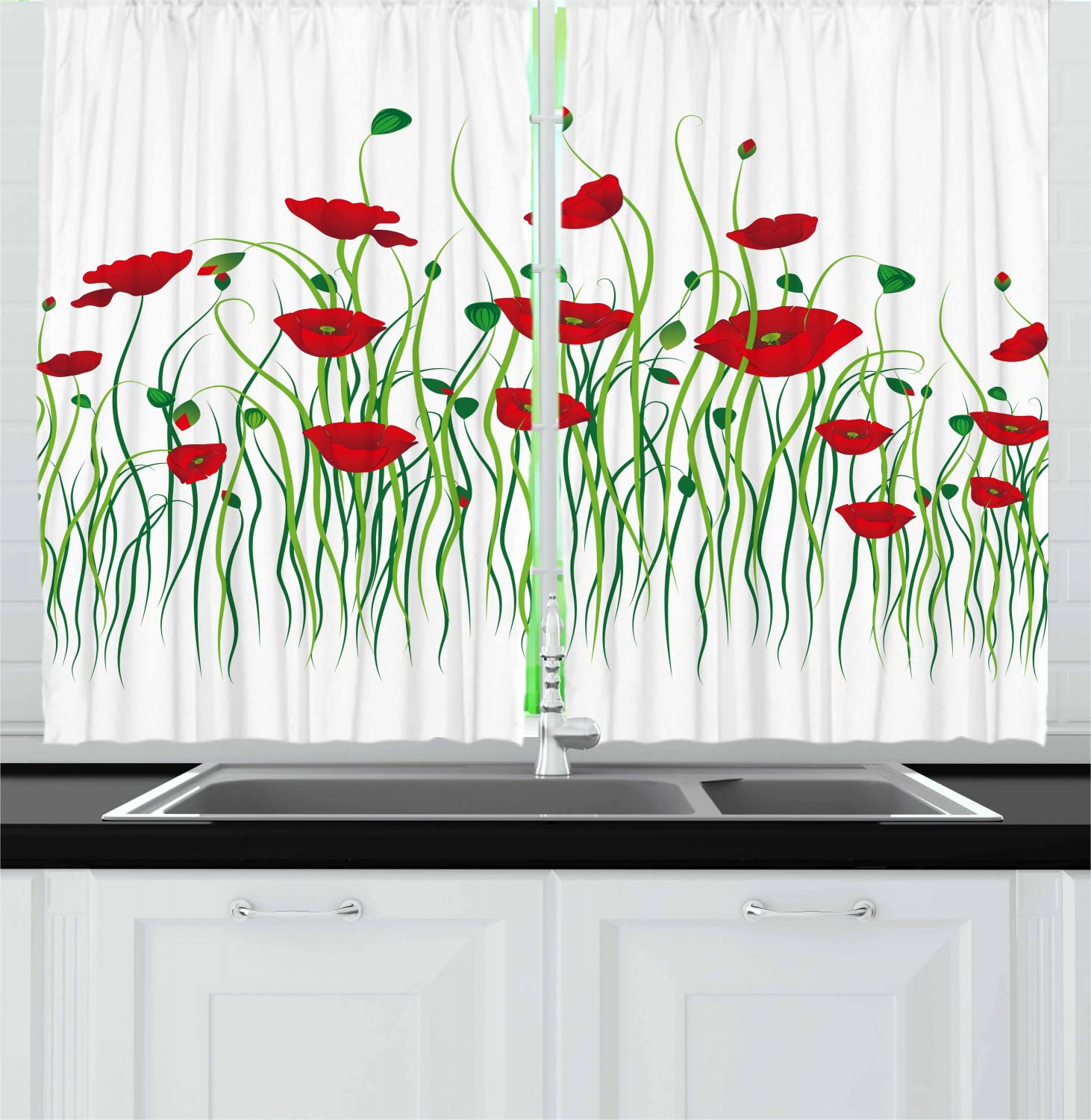 Ambesonne Floral Kitchen Curtains - Poppy Flower Design with Scarlet Buds on Green Field, 2 Panel Rod Pocket Drapes for Country Style Decor, 55