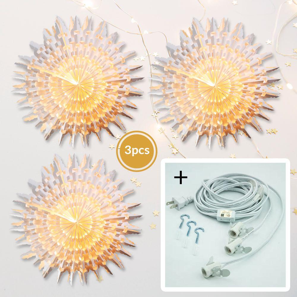 3-Pack White 24-Inch Pizzelle Designer Illuminated Paper Star Lanterns with LED Bulbs & Cord - Perfect for Christmas, Weddings, and Home Decor