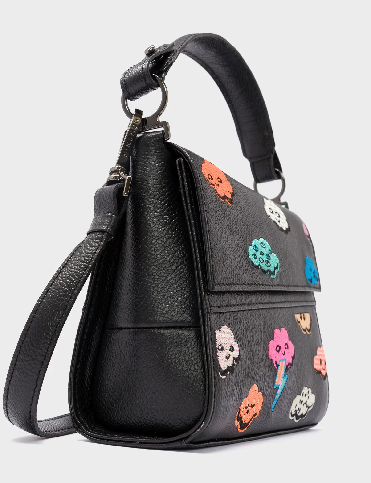 Anastasio Black Leather Micro Crossbody Handbag with Happy Clouds Design - Perfect for Everyday Use, Travel & Casual Outings
